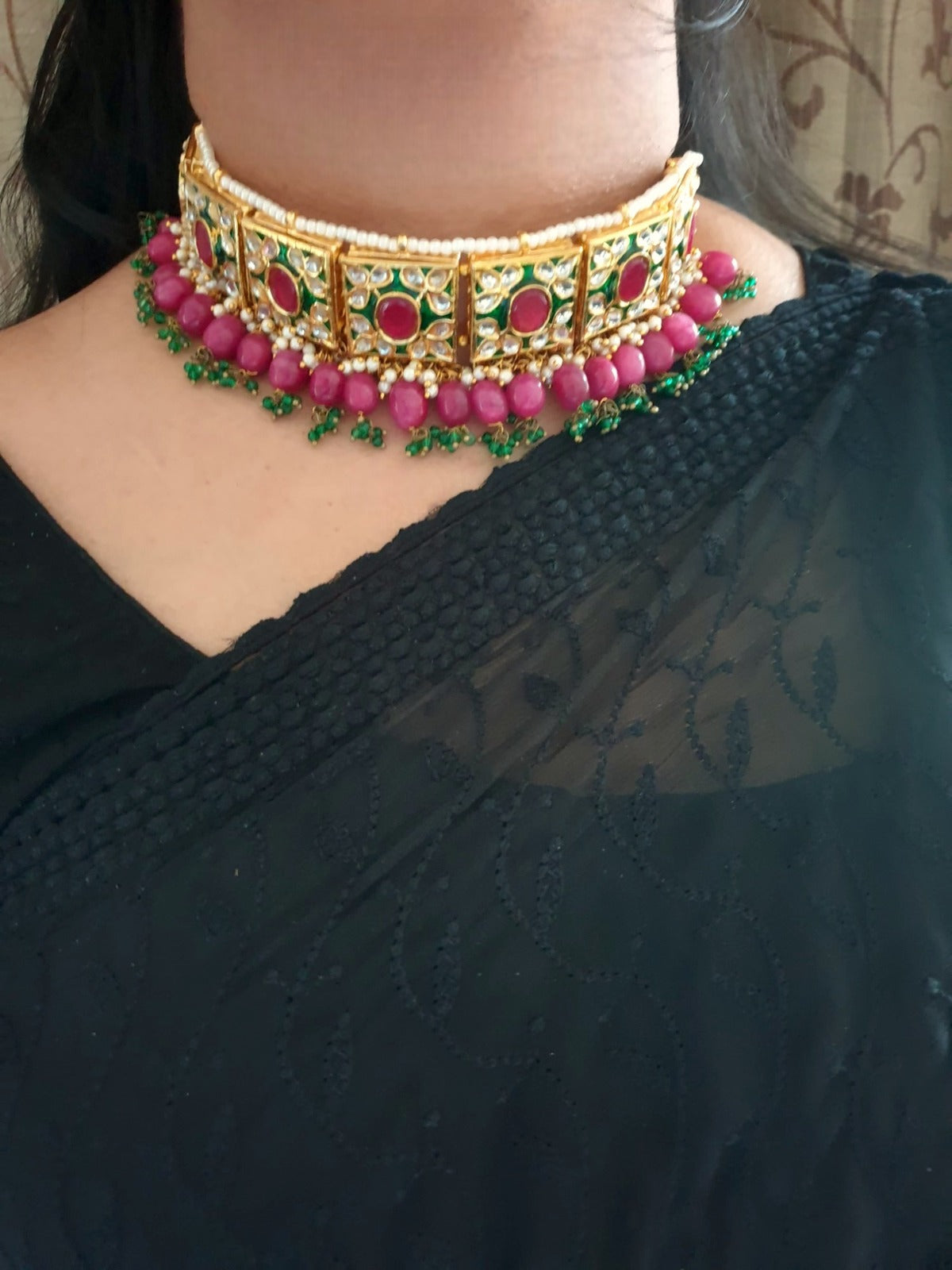 Pink Stone Meenakari Choker Necklace Set With Earrings