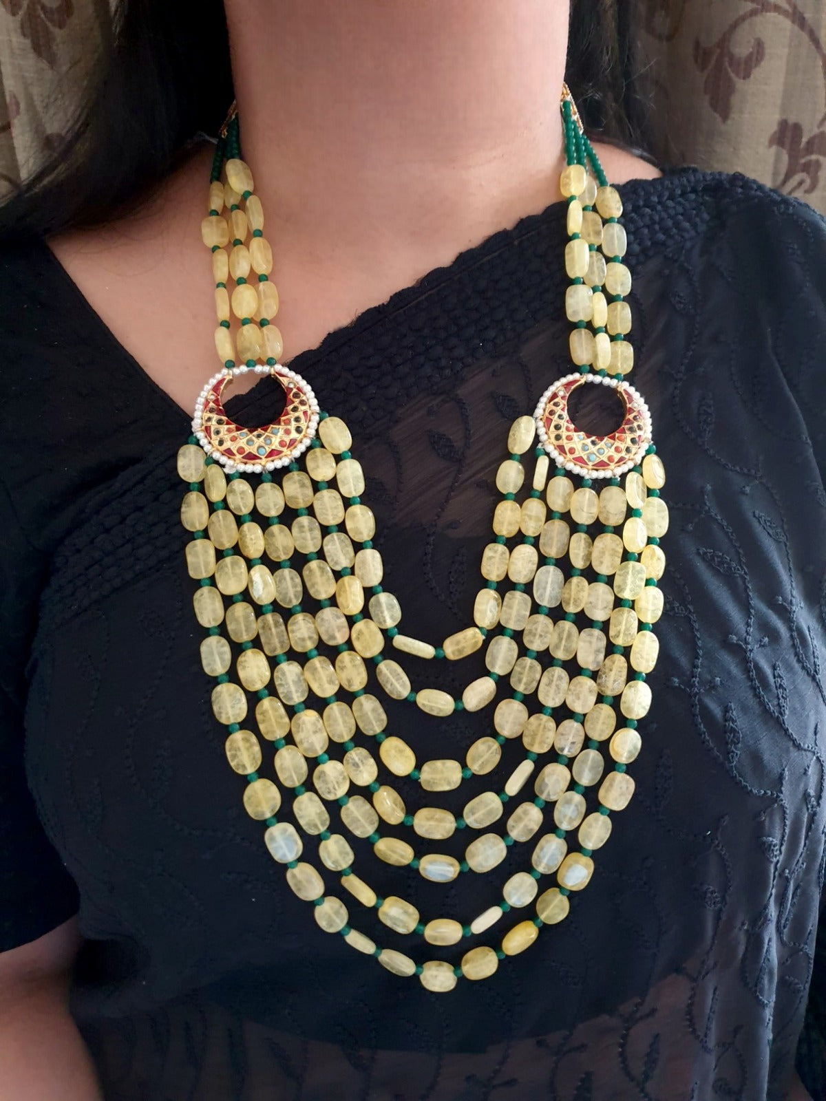 Yellow Jadau Brooch Necklace Set