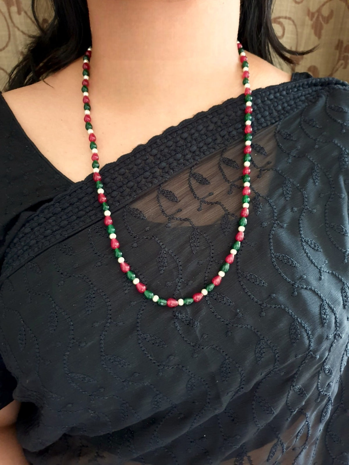 Red Green Stone Single Long Mala