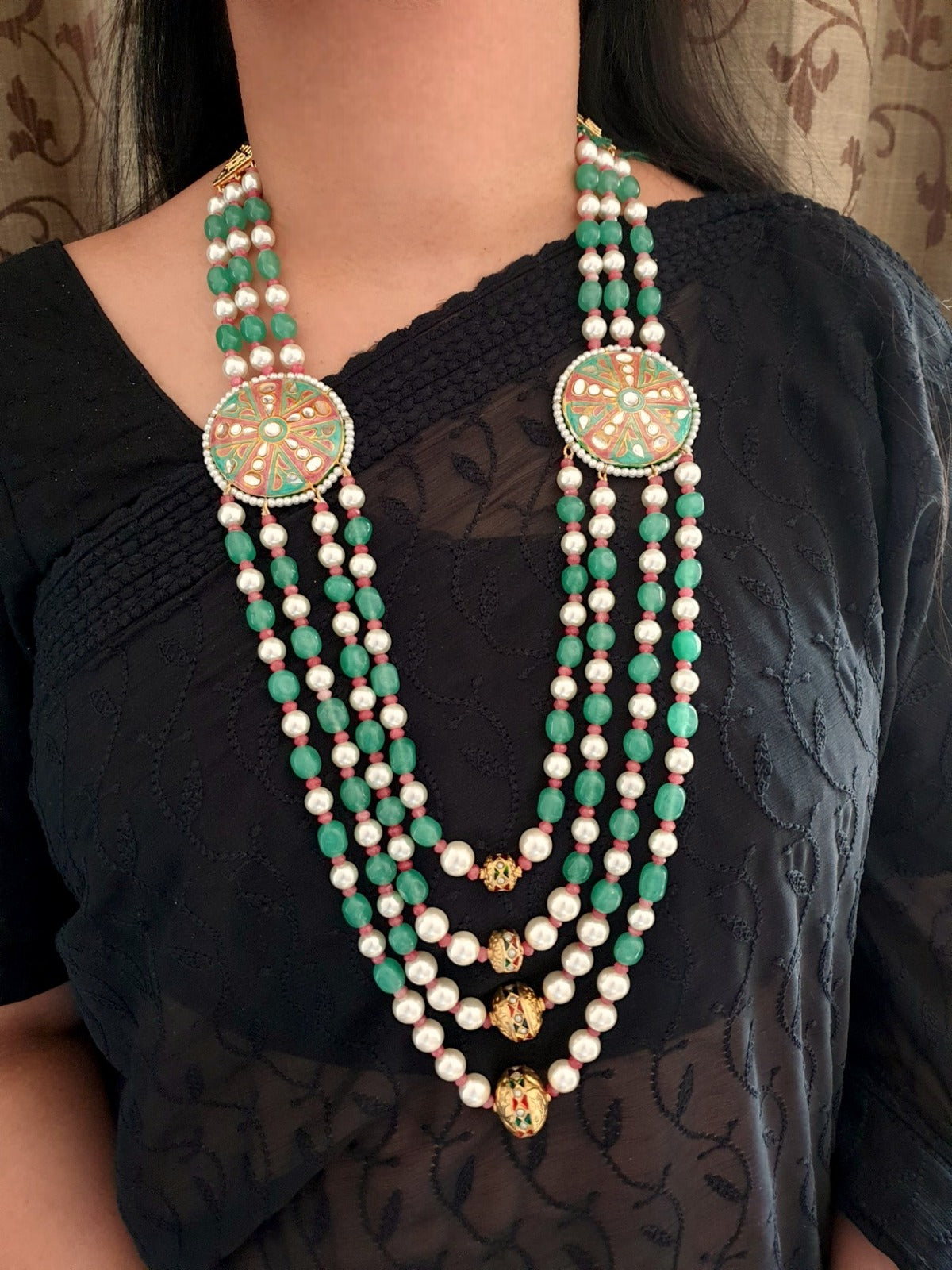 Green Kundan Meenakari Jadau Beaded Long Necklace