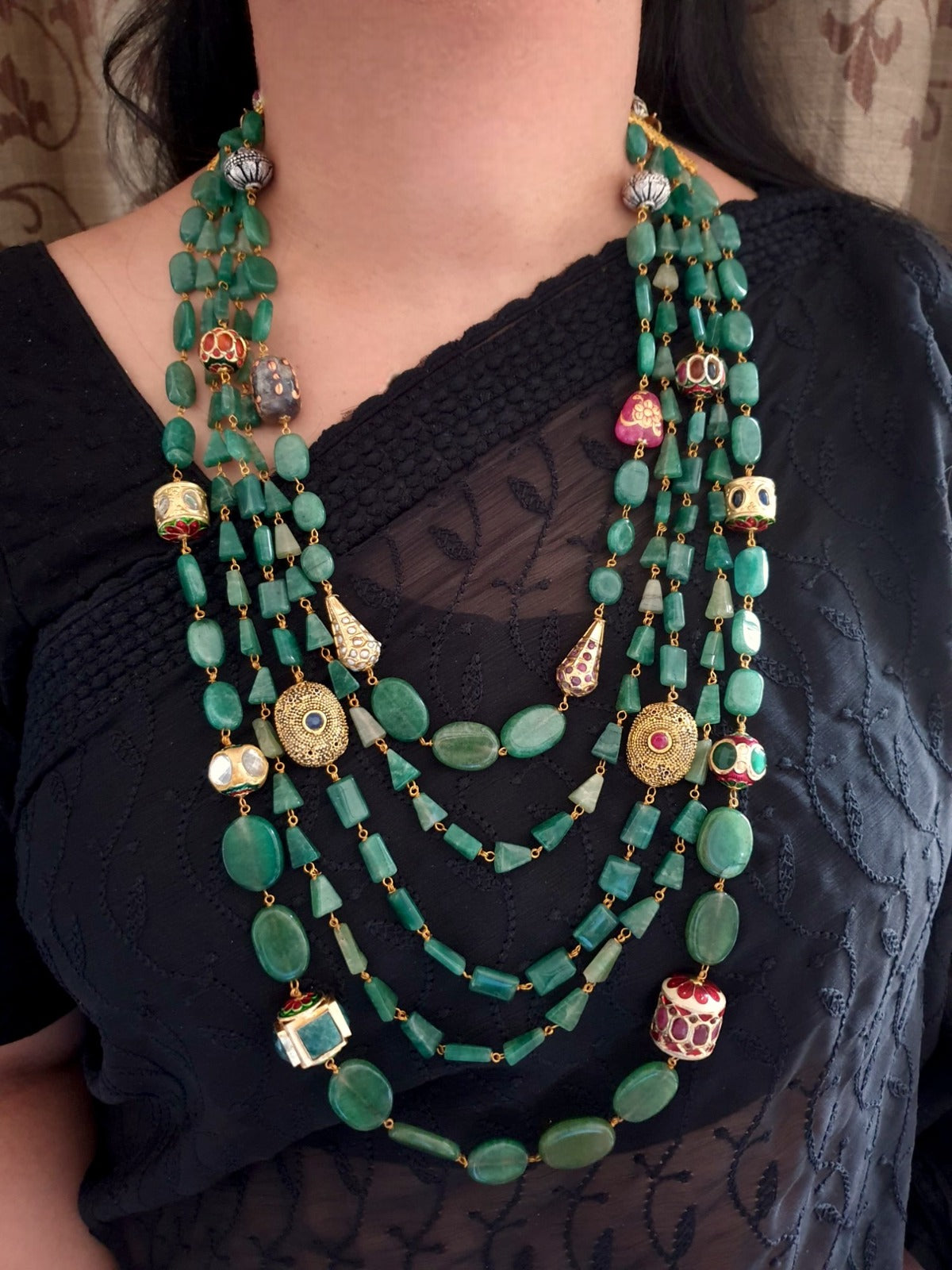 Emerald Stone Antique Beaded Bridal Necklace Set
