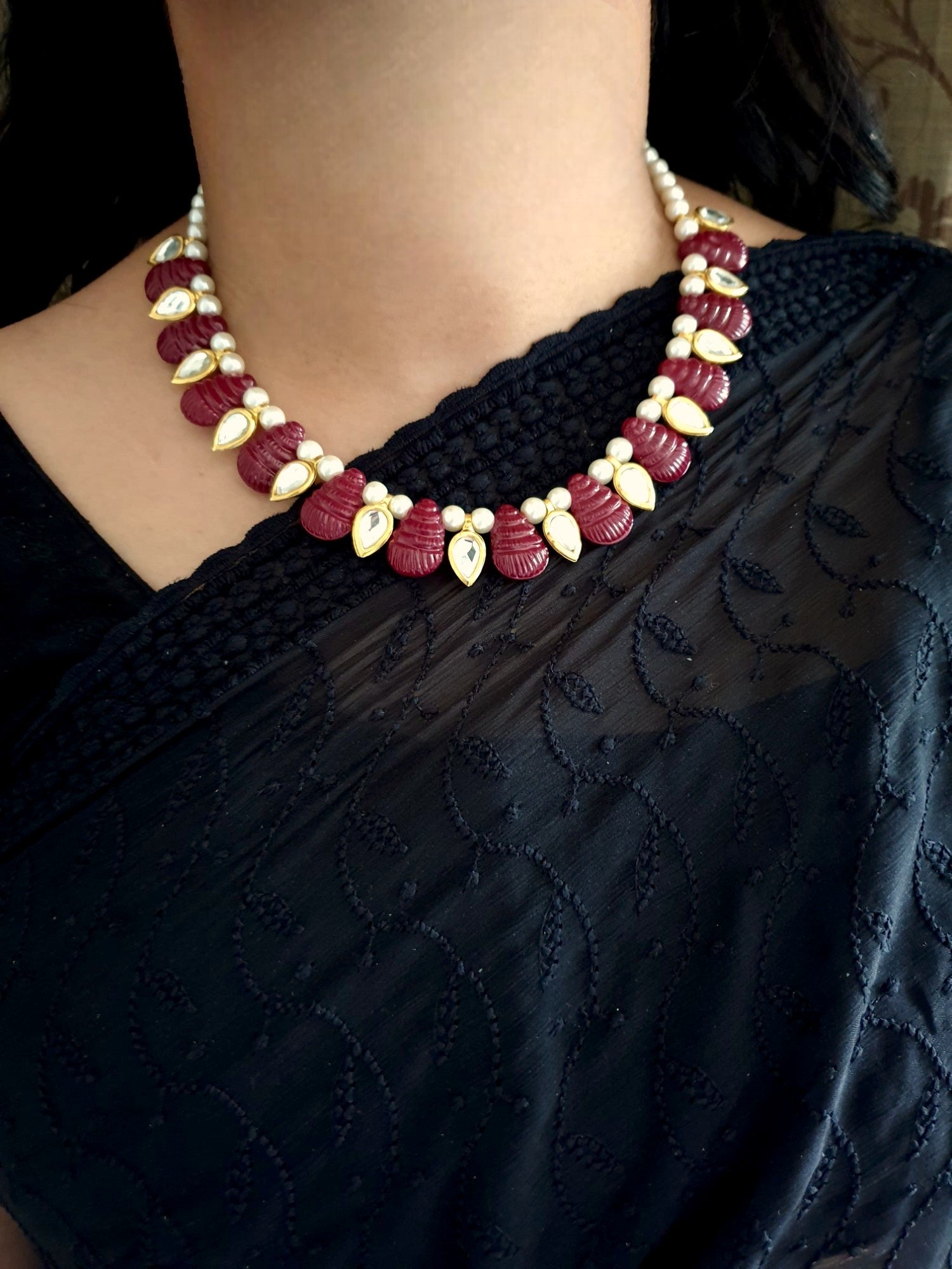 Ruby Red Single Kundan Pearl Necklace Set With Earrings