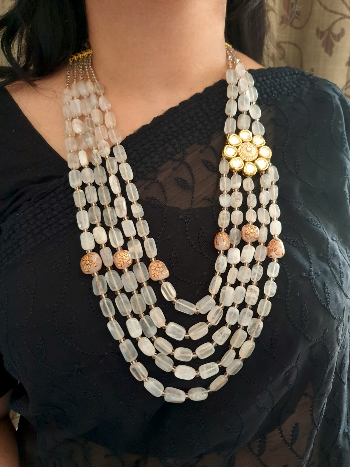 Baby Pink Layered Kundan Meenakari Brooch Necklace