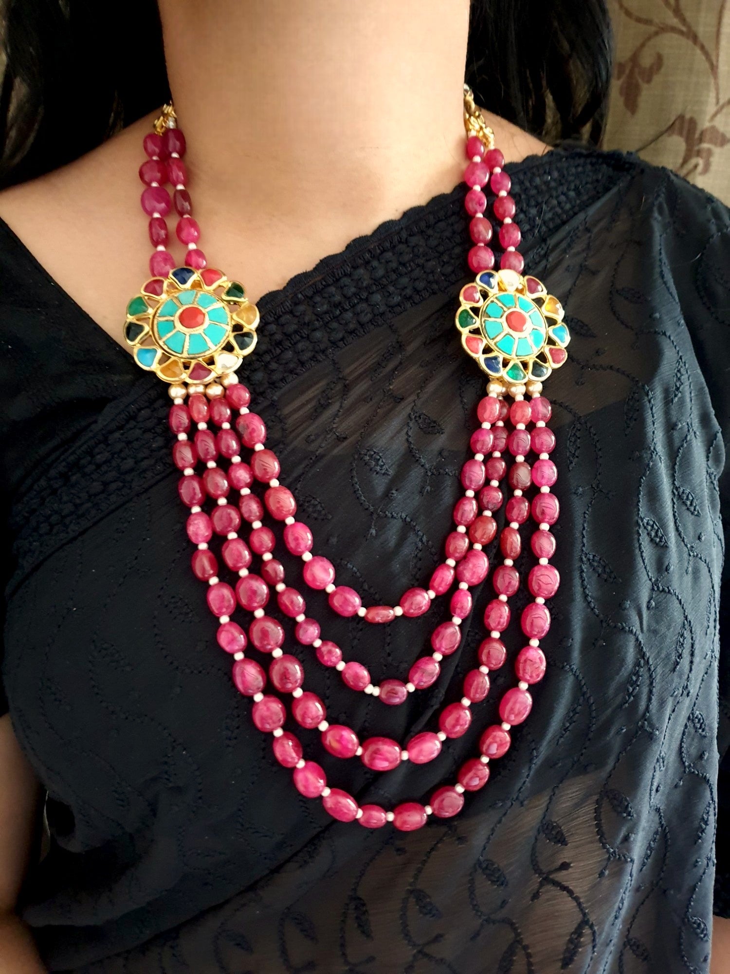 Turquoise Jadau Work Ruby Red Beads Necklace