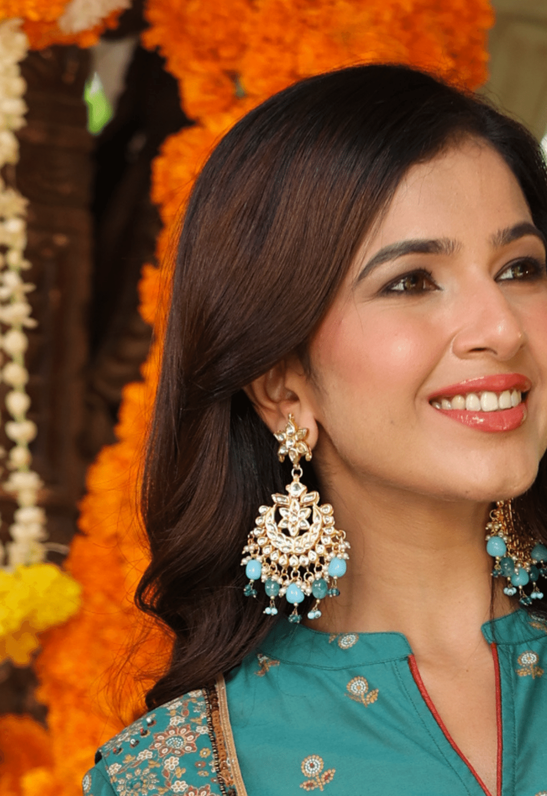 Blue Kundan Chaandbali Earrings