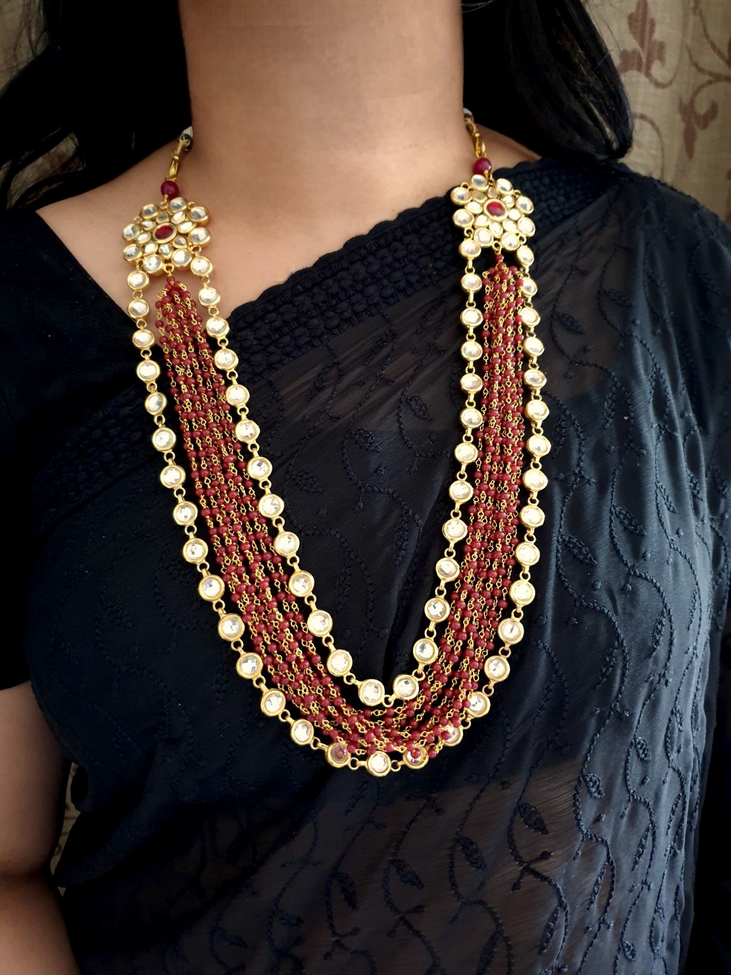 Kundan Long Beaded Necklace With Earrings