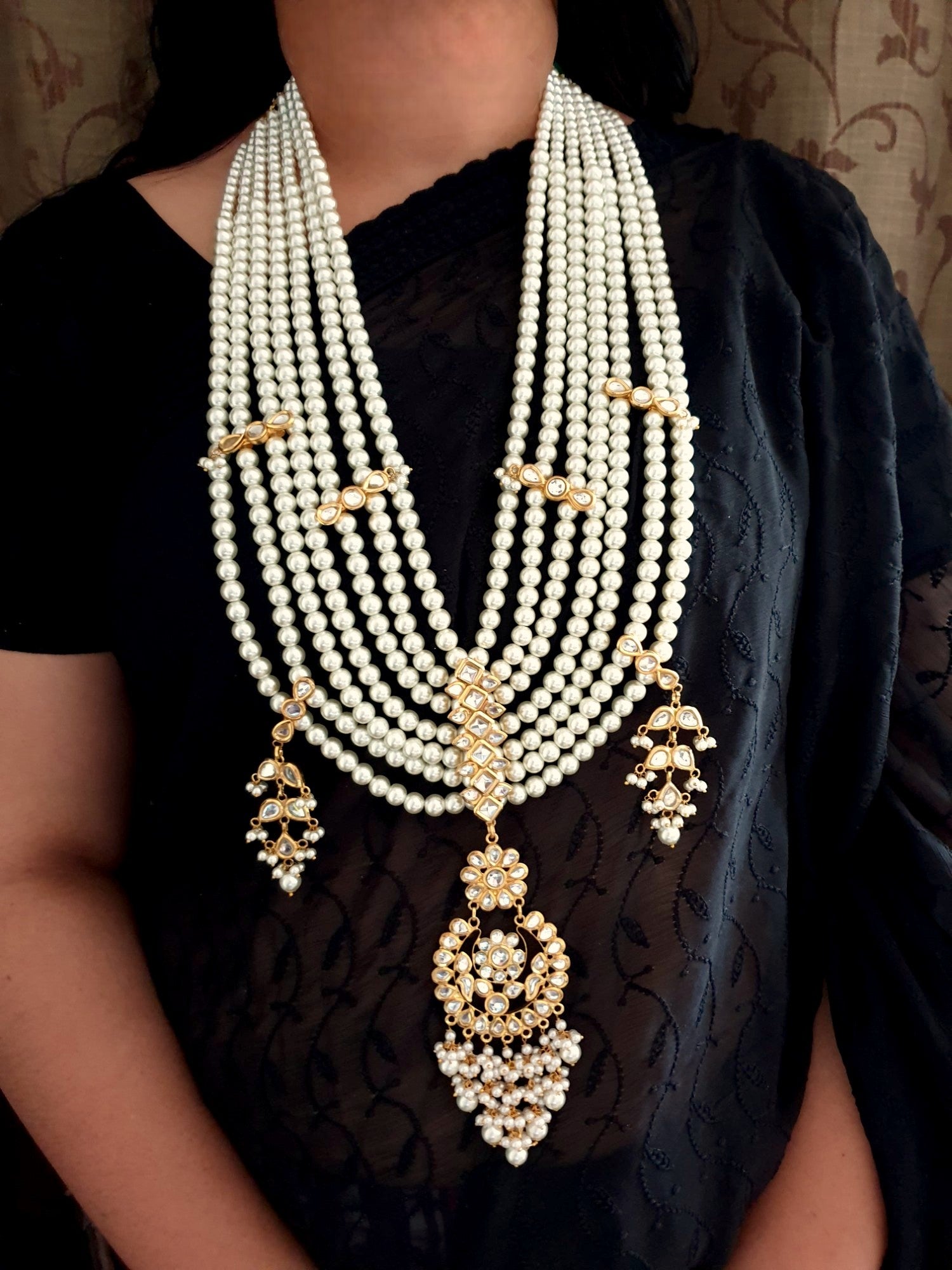Kundan Long Beaded Seven Layered Necklace With Earrings
