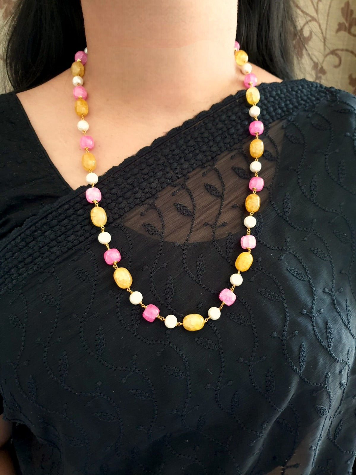 Yellow Pink Stone Beads Pearl Long Mala