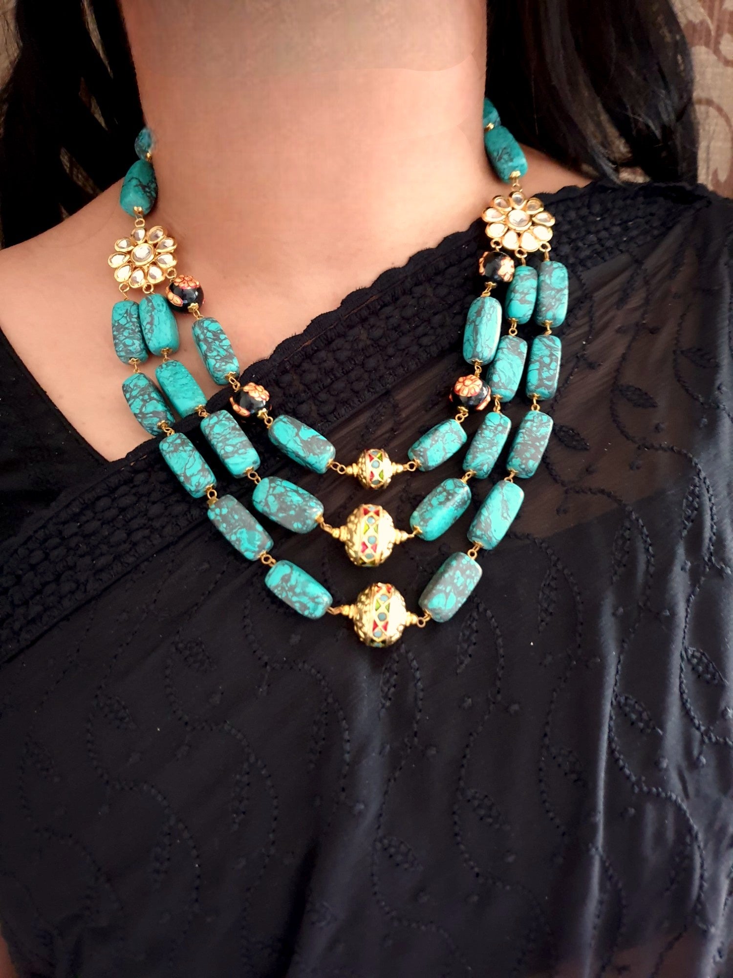 Turquoise Beaded Jadau Work Kundan Necklace