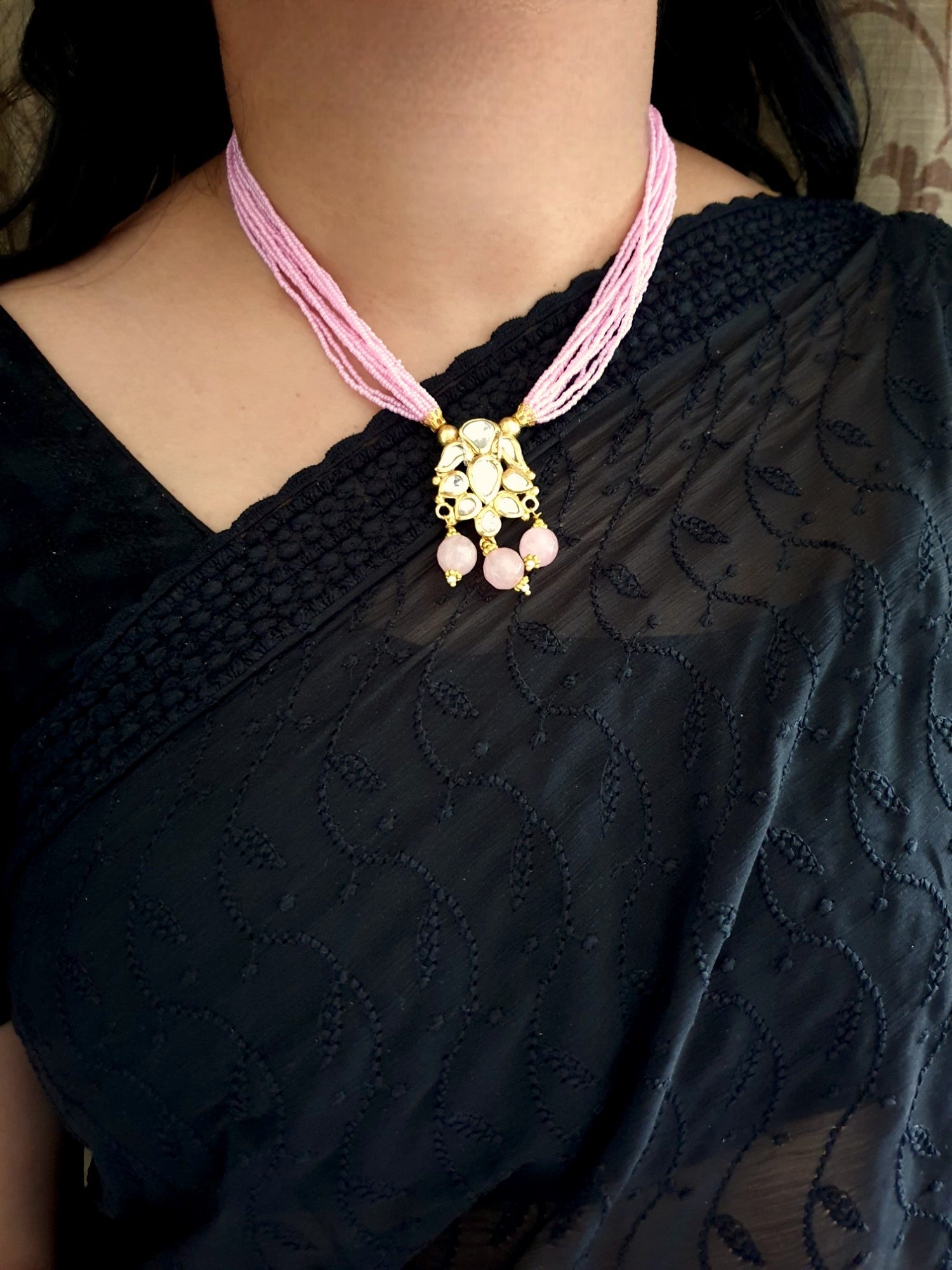Pink Seed Bead Kundan Pendant Set With Earrings
