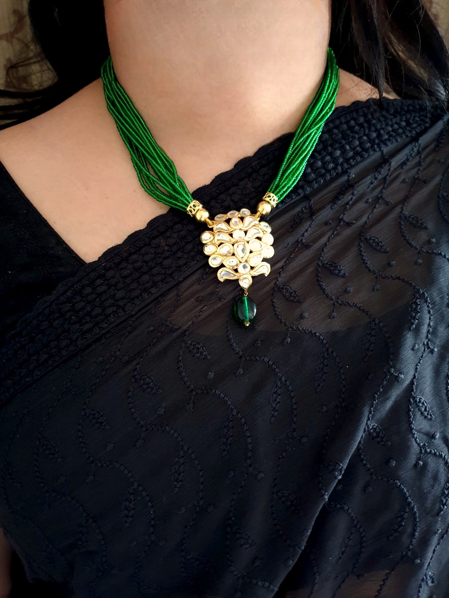 Green Seed Bead Kundan Pendant Set With Earrings