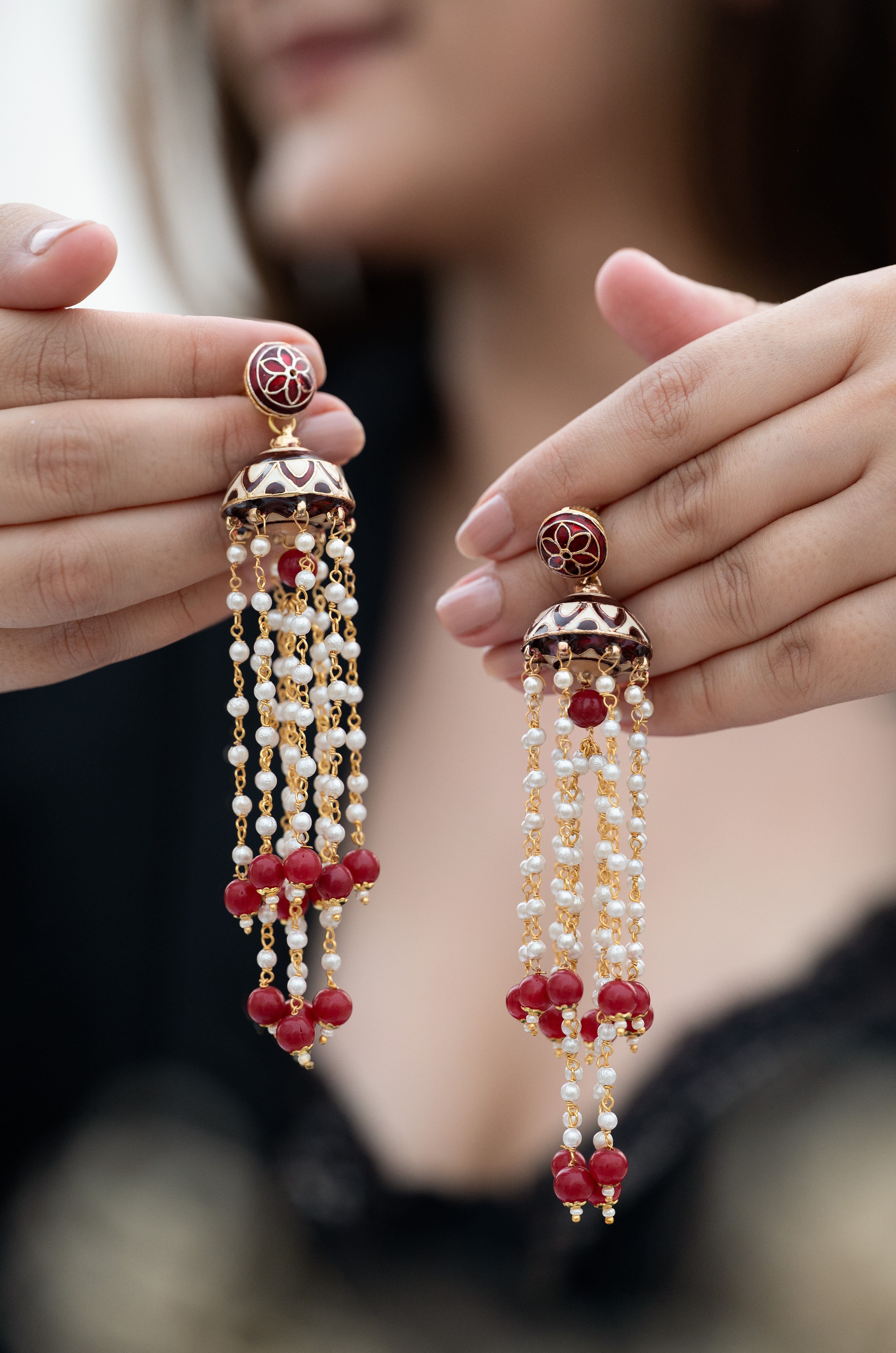 Red Meenakari Long Pearl Jhumki Earrings