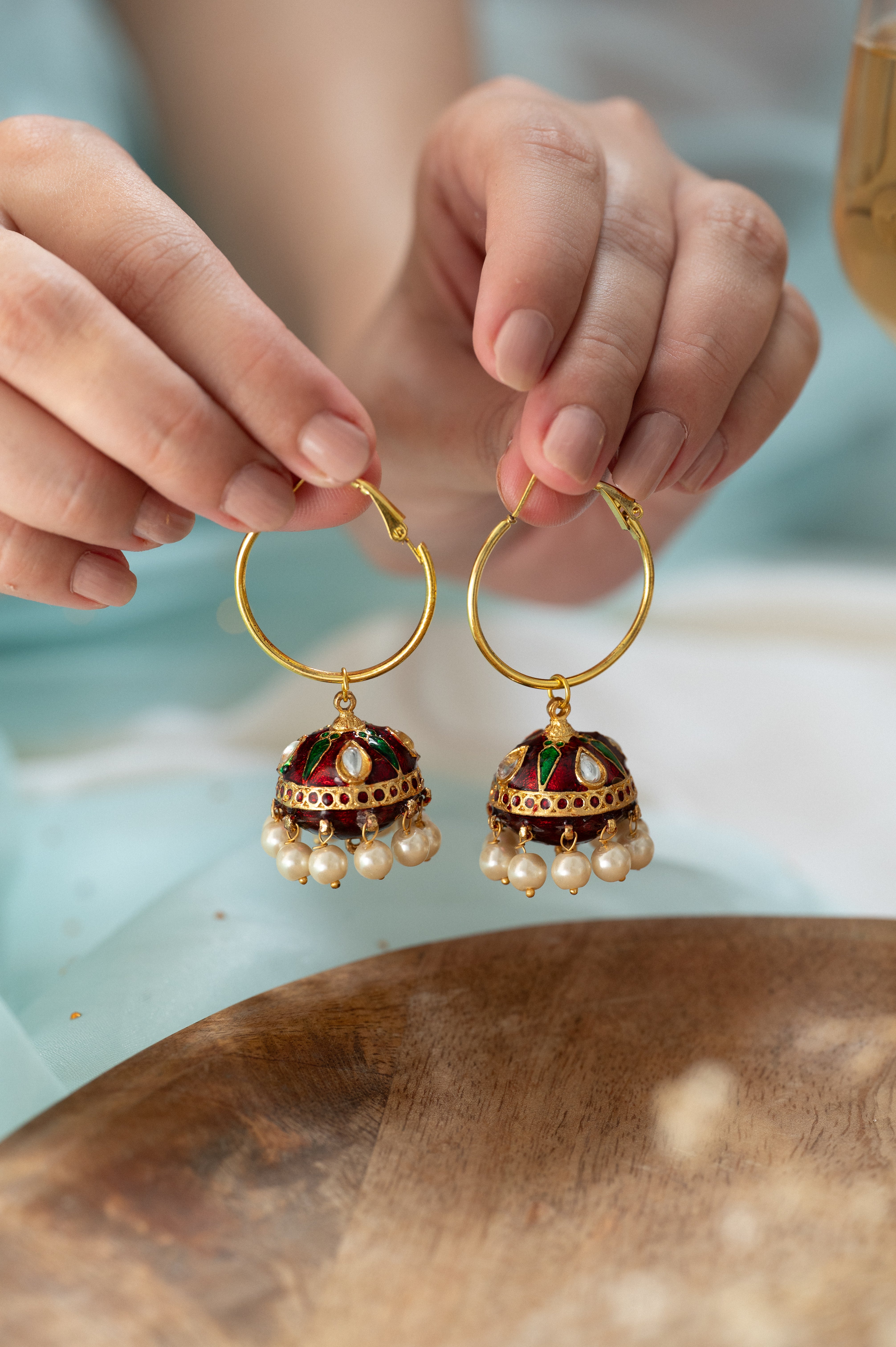 Maroon Kundan Meenakari Hoop Earrings
