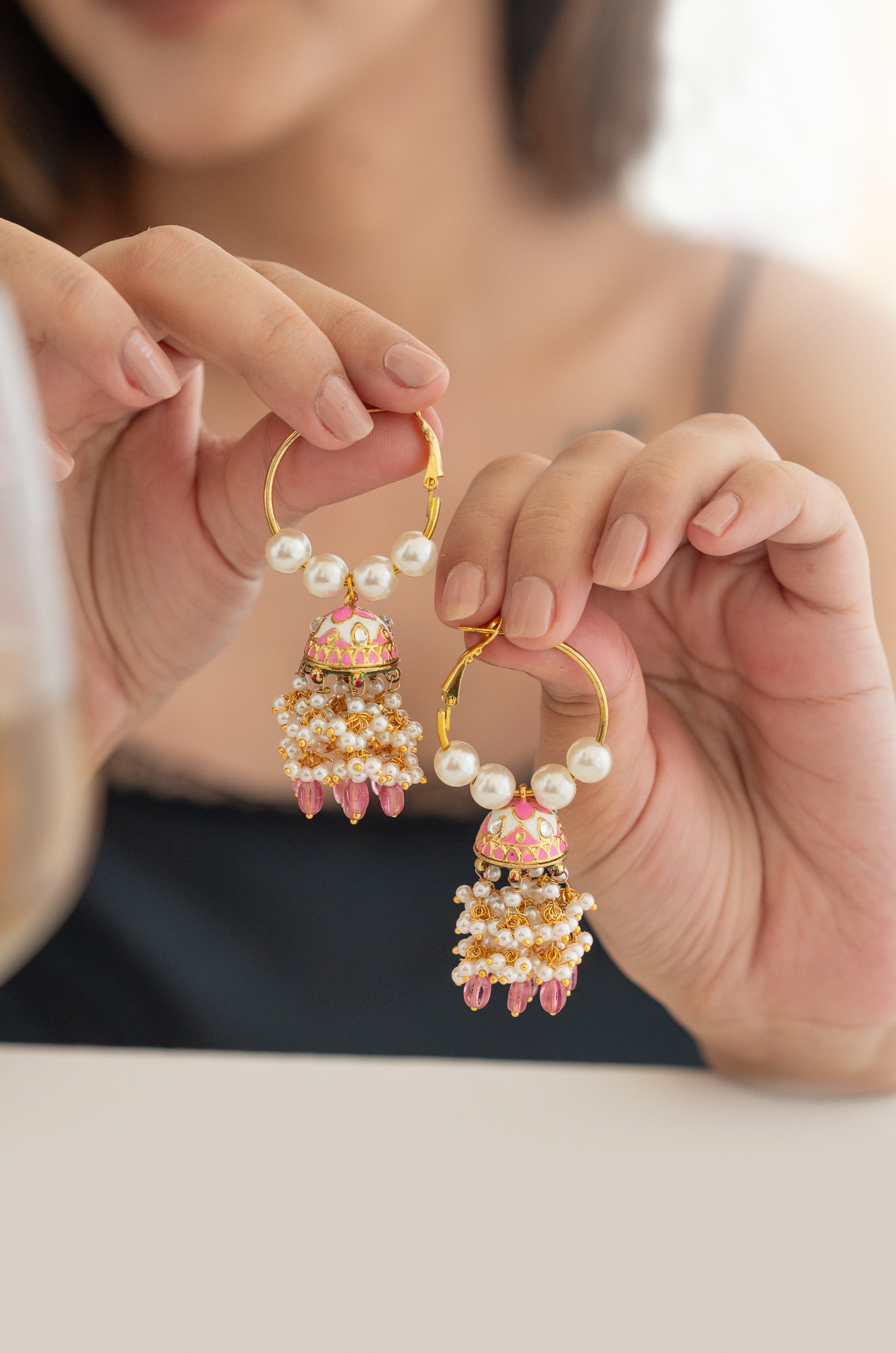 Pink Kundan Meenakari Hoop Pearl Earrings