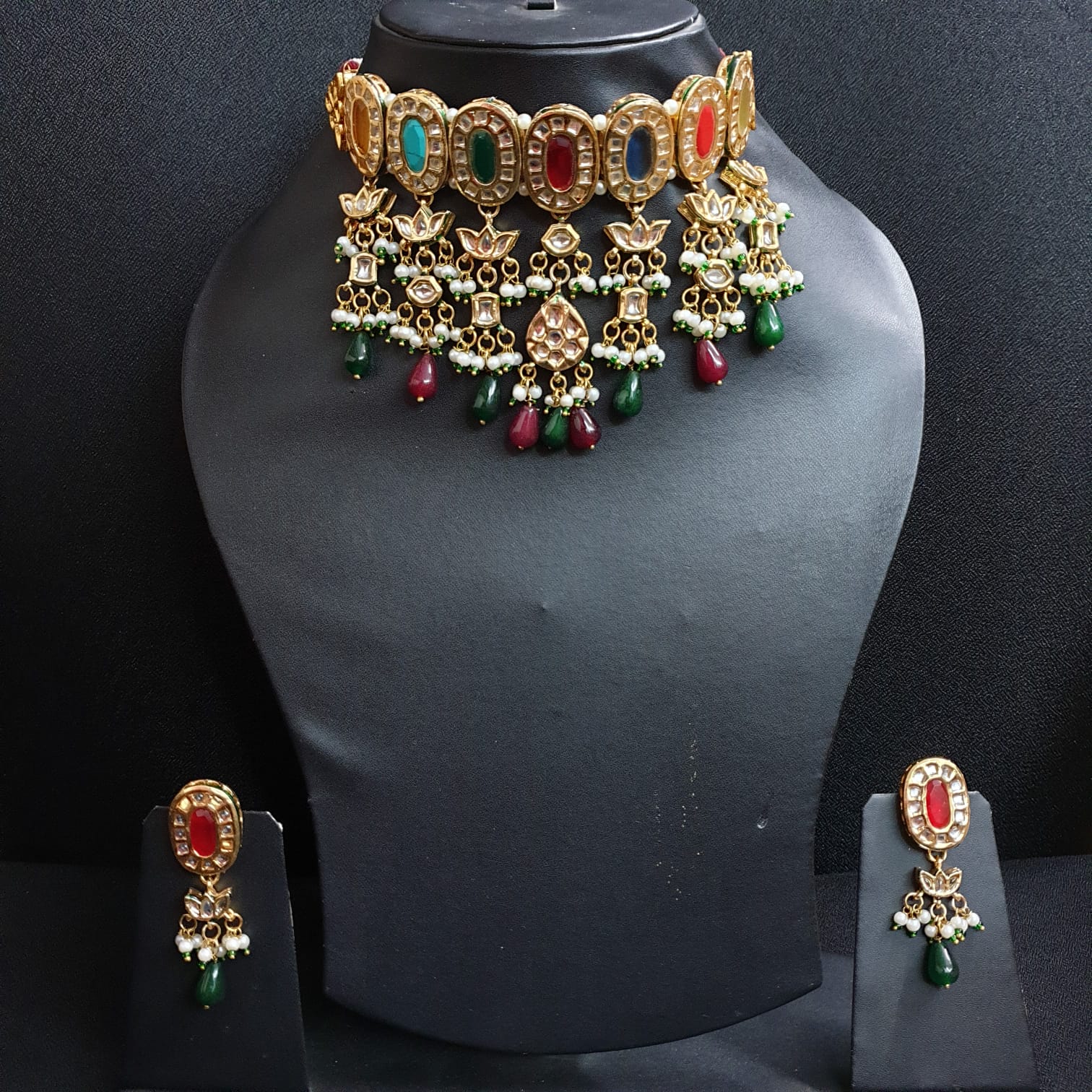 Navratan Kundan Jadau Choker Necklace Set With Earrings
