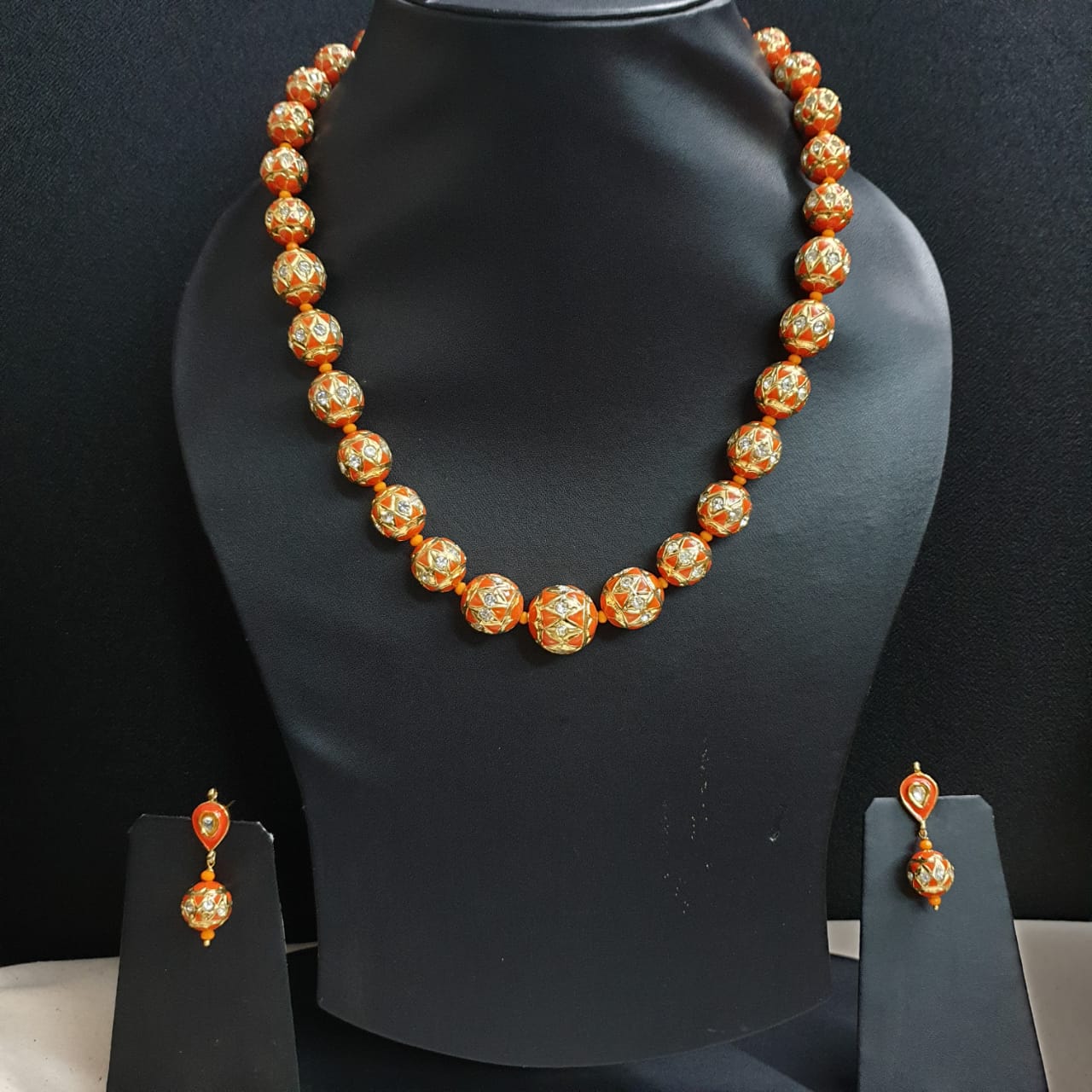 Orange Meenakari Beaded Necklace With Earrings