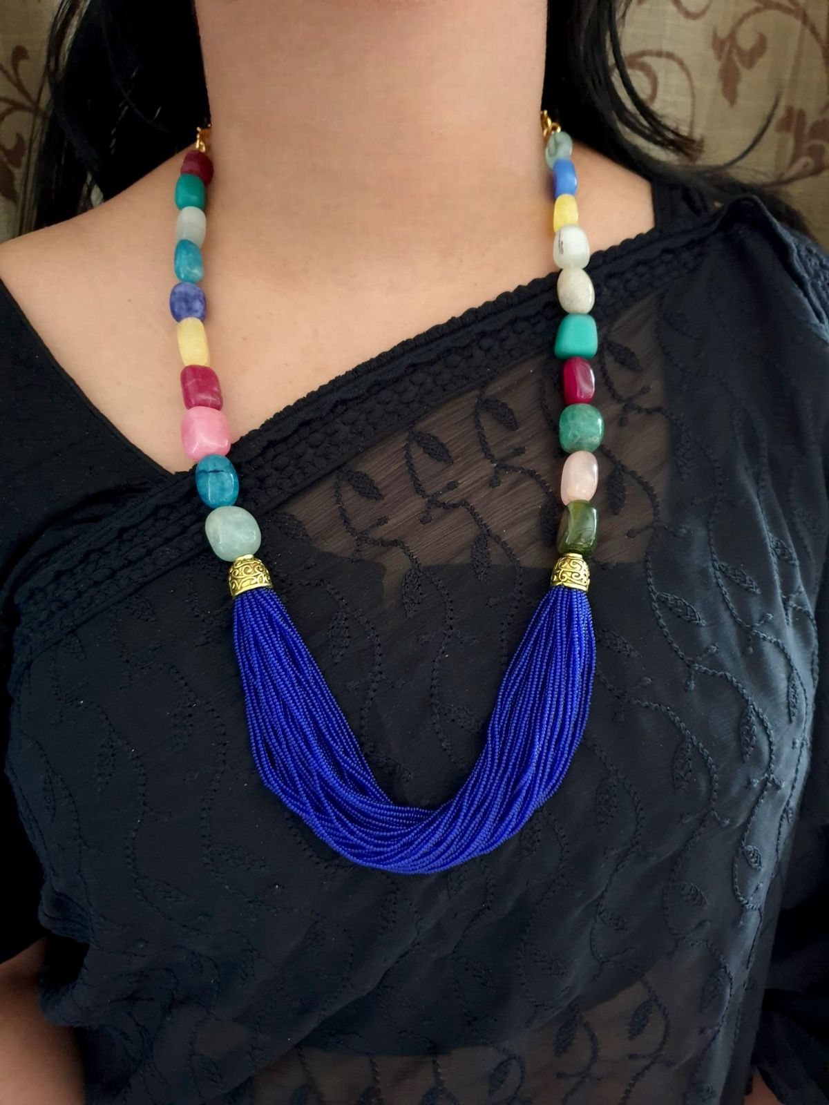 Multicolor Stone Blue Seed Bead Necklace Set
