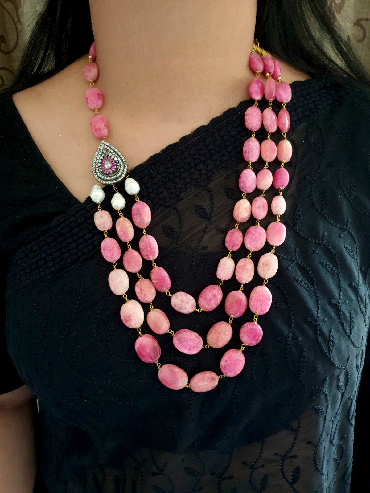 Ruby Stone Necklace With American Diamond Brooch