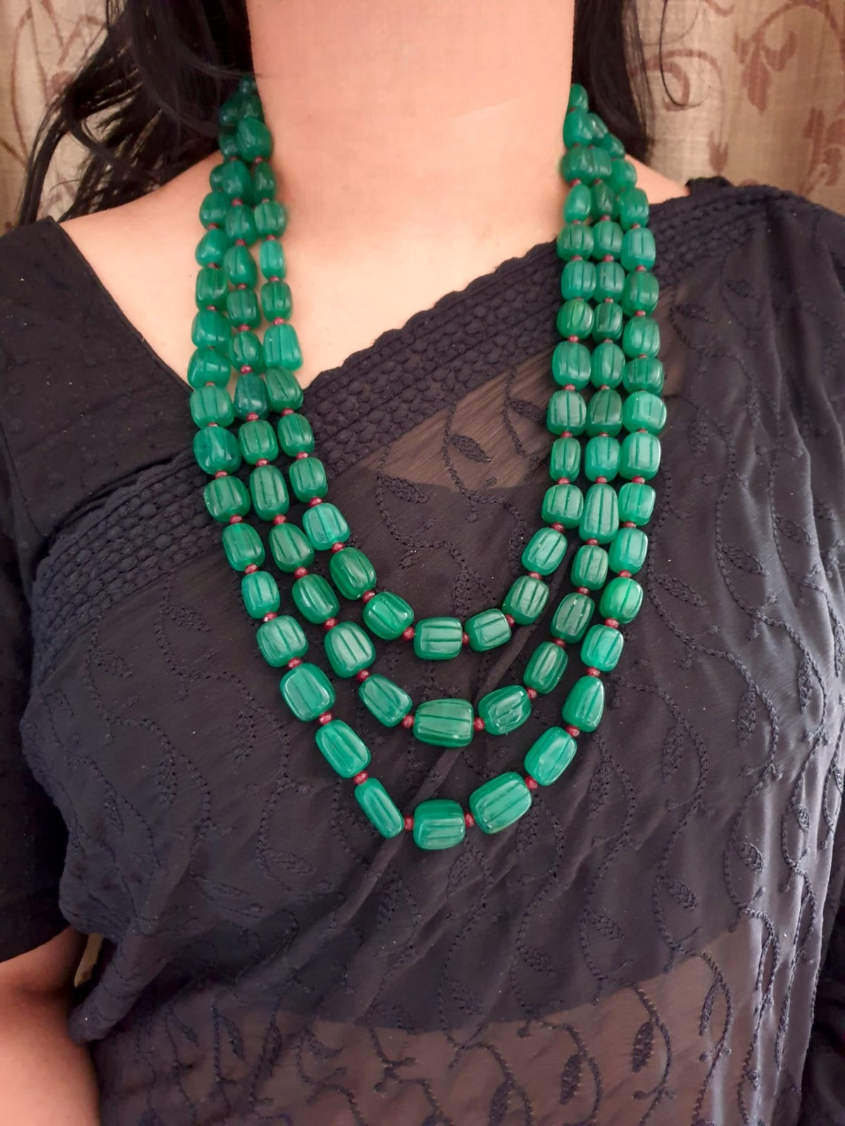 Emerald Color Carving Beaded Layered Long Necklace Set
