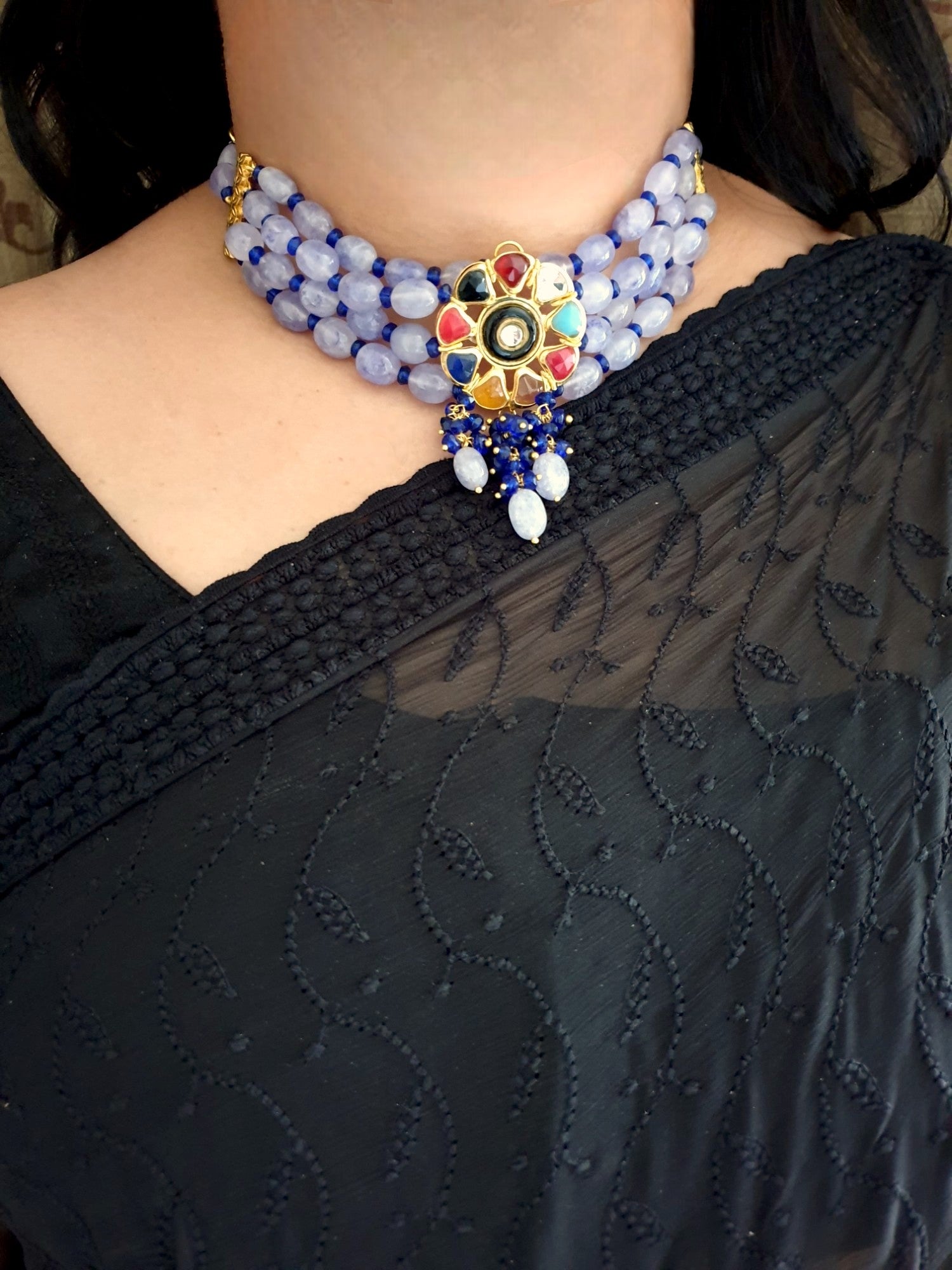 Blue Stone Kundan Meenakari Choker Necklace With Earrings