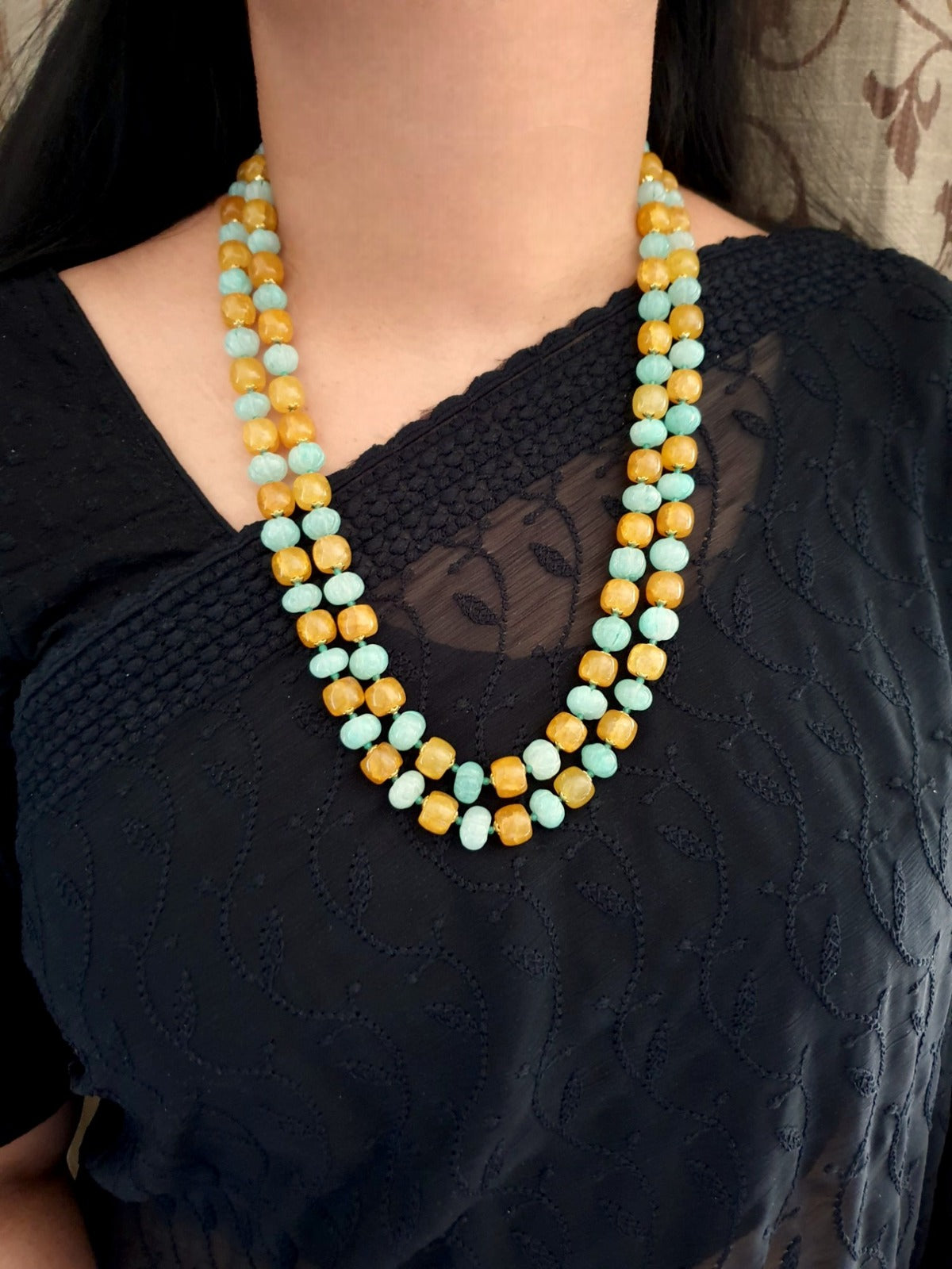 Yellow Green Pumpkin Beads Layered Mala