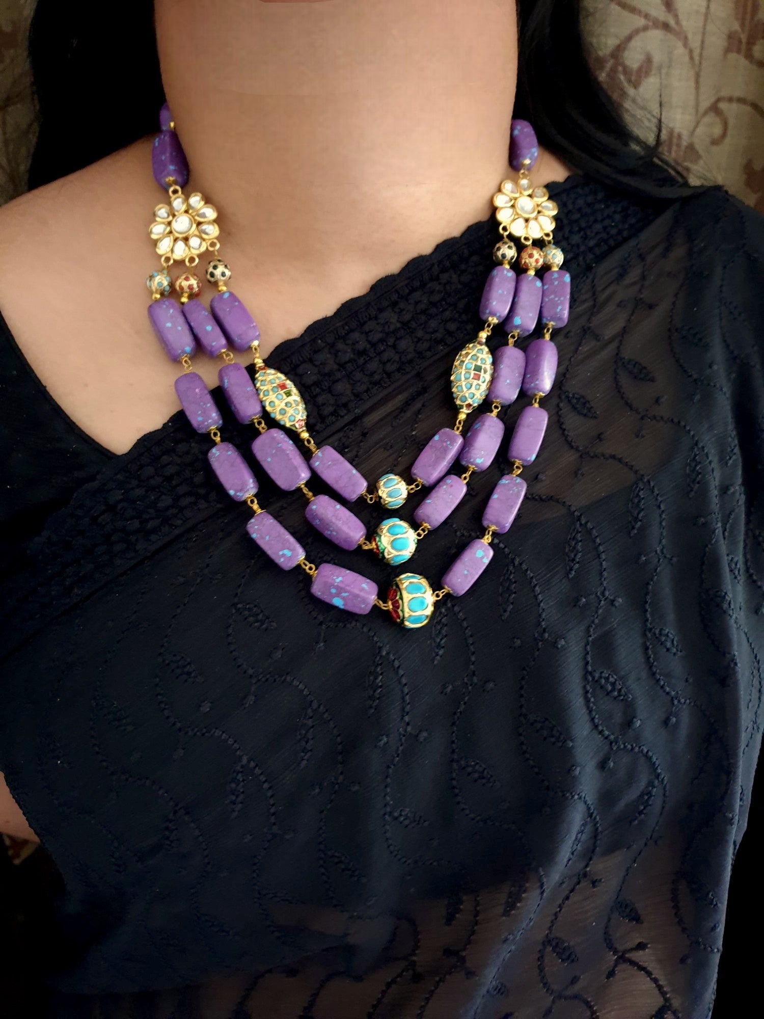 Purple Beaded Jadau Work Kundan Necklace
