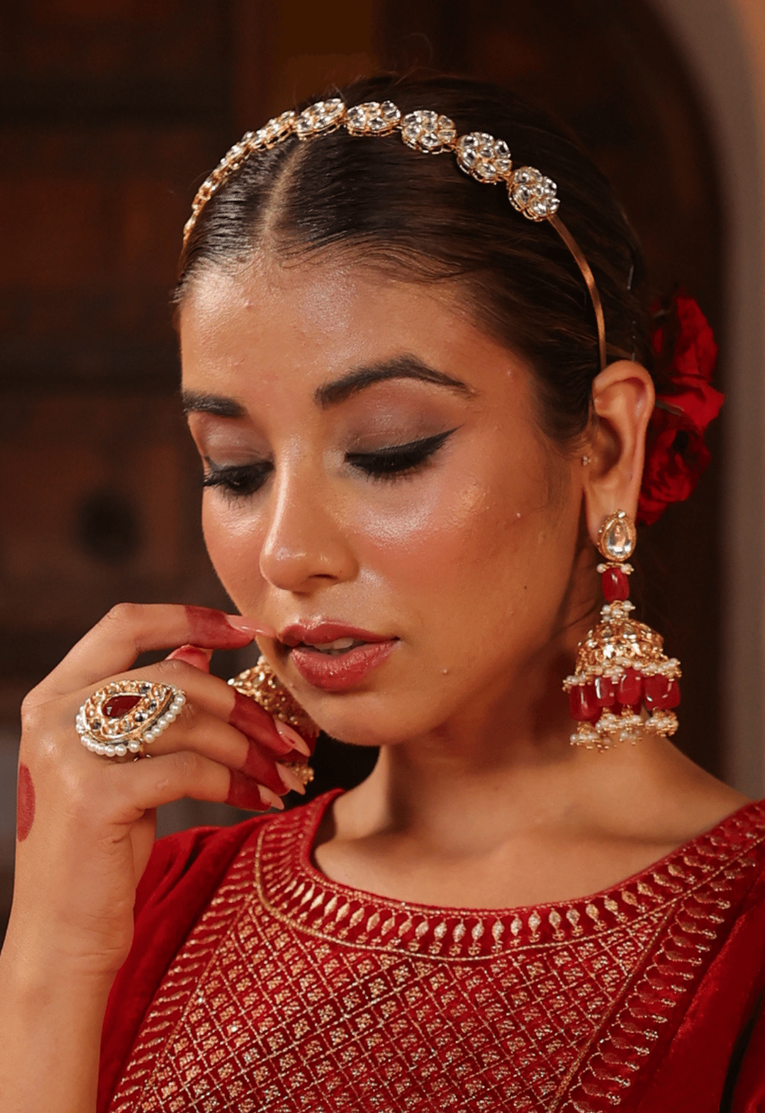 Kundan Big Jhumki With Red Stone Kundan Ring