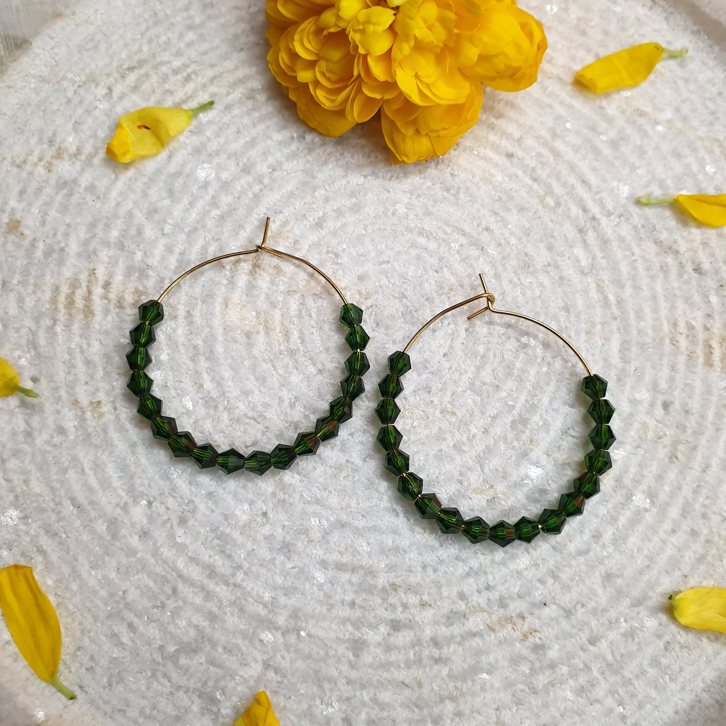 Dark Green Beaded Hoop Earrings