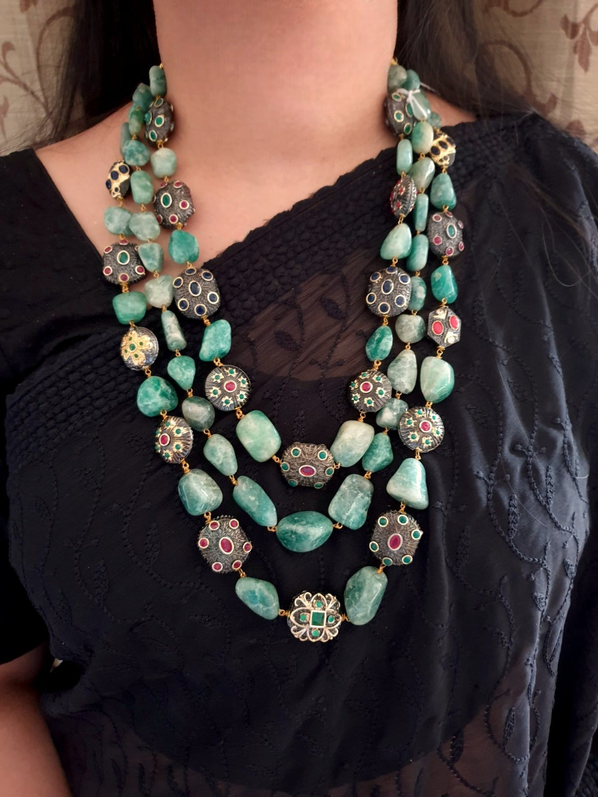 Emerald Semi Precious Stone Anitque Beaded Necklace