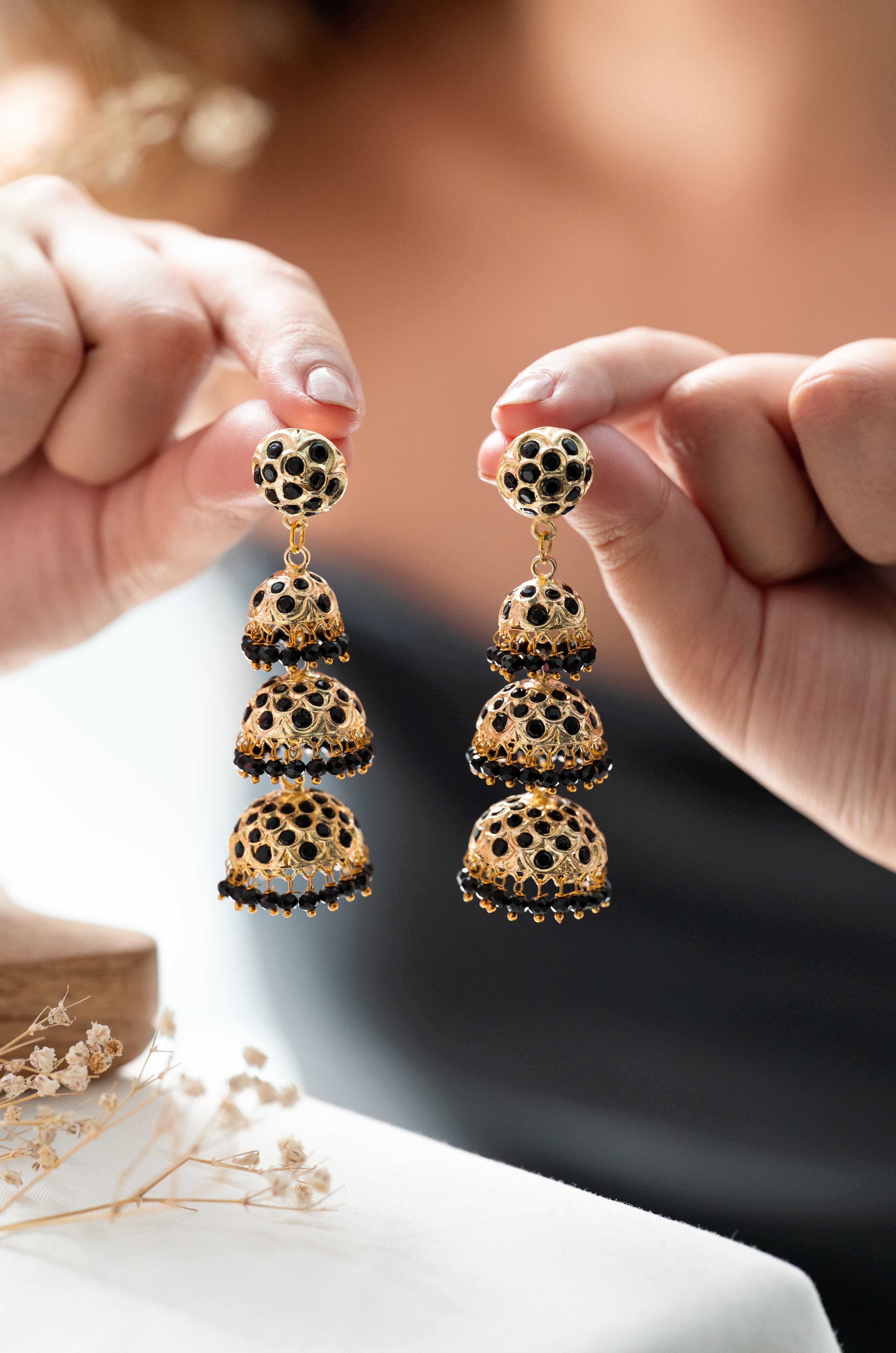 Three Layers Black Jadau Jhumki Earrings