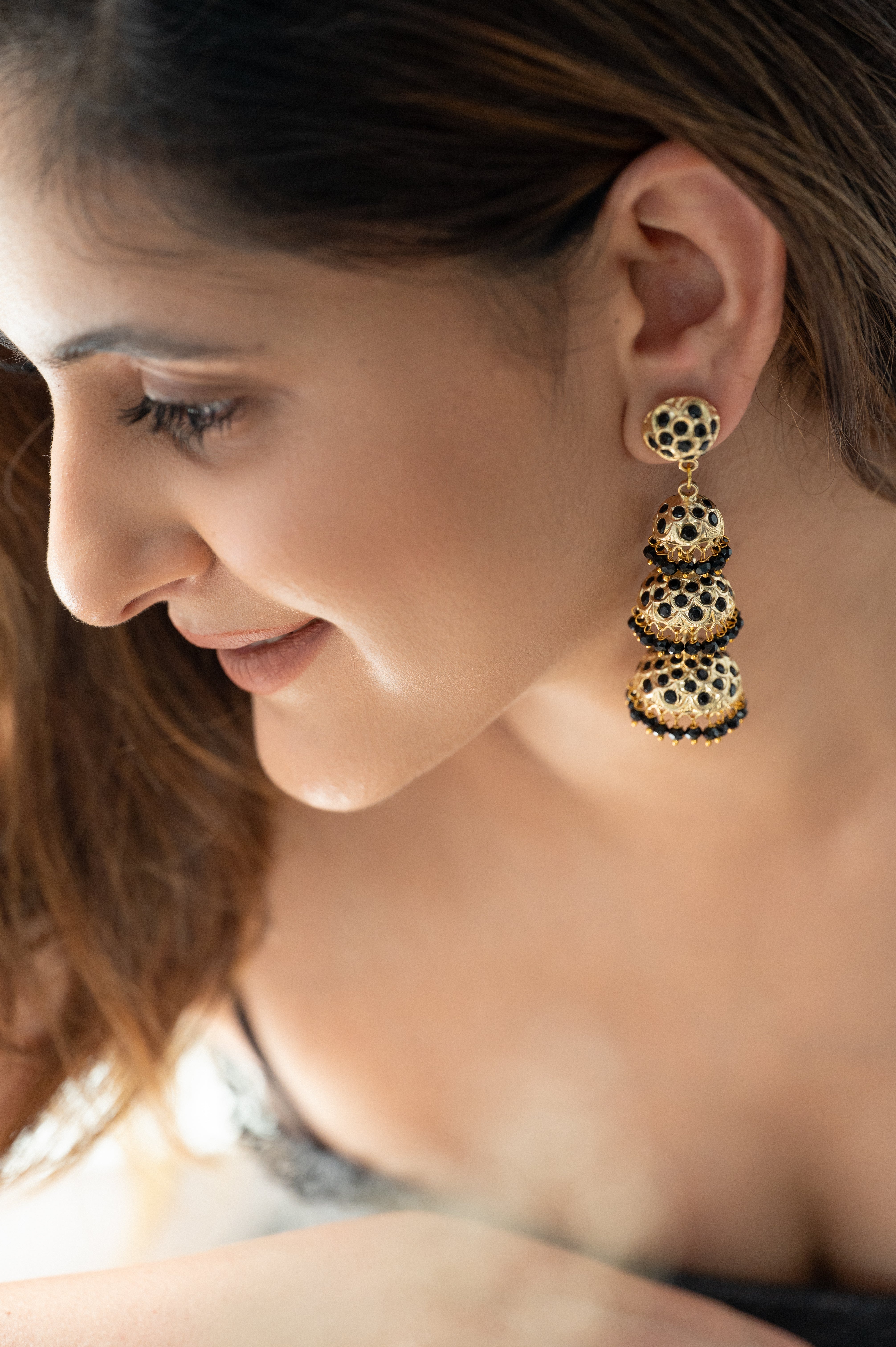 Three Layers Black Jadau Jhumki Earrings