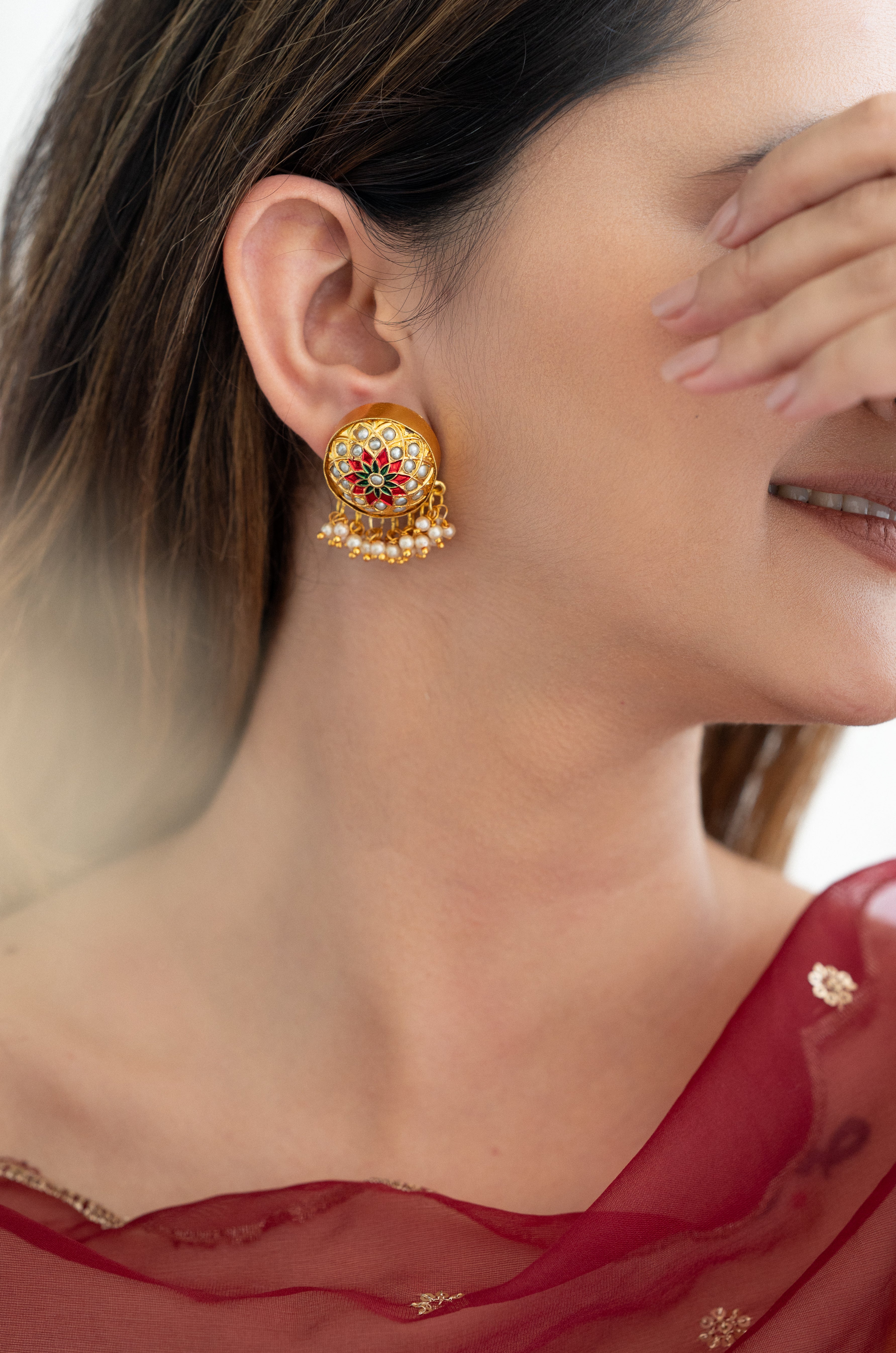 Gold Tone Pearl Jadau Stud Earrings