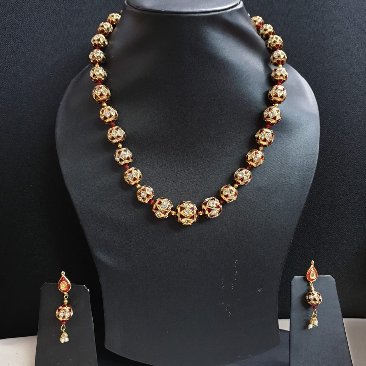 Maroon Meenakari Beaded Necklace With Earrings