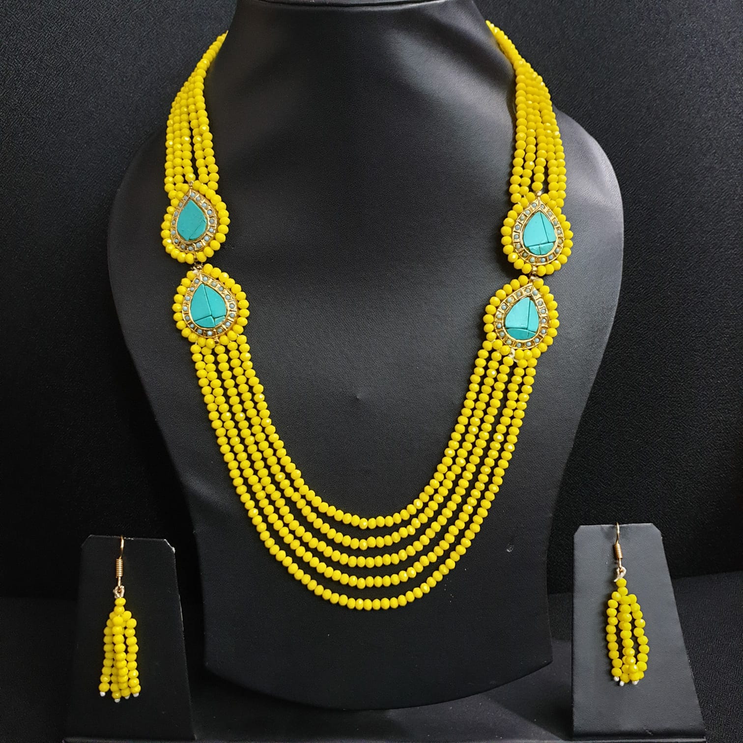 Unique Yellow Turquoise Beaded Necklace With Earrings