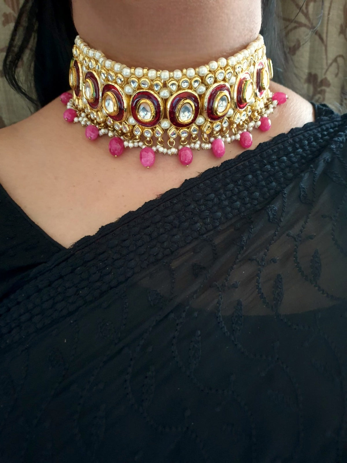 Red Kundan Meenakari Choker Set With Earrings