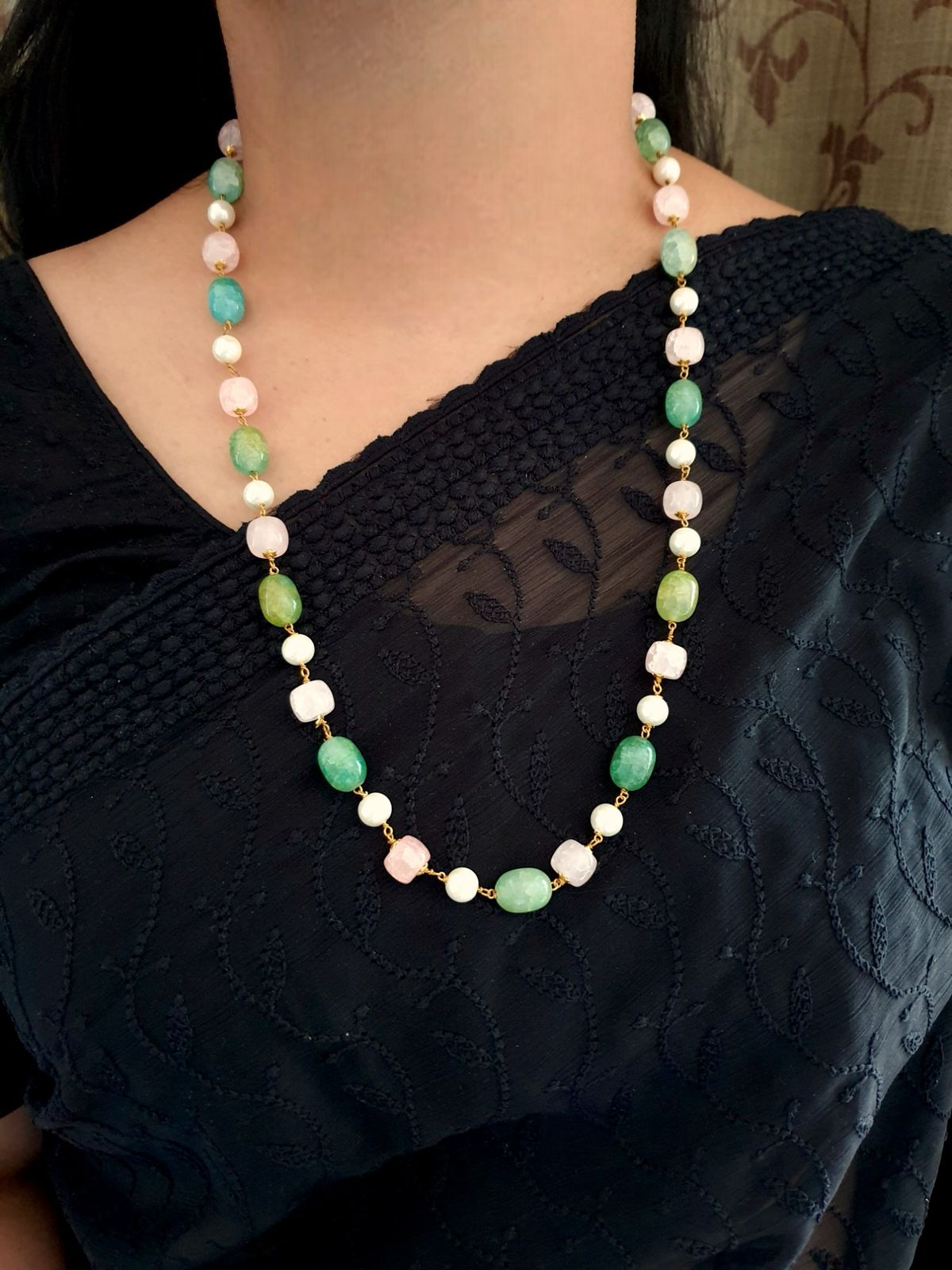 Green Pink Stone Beads Pearl Long Mala