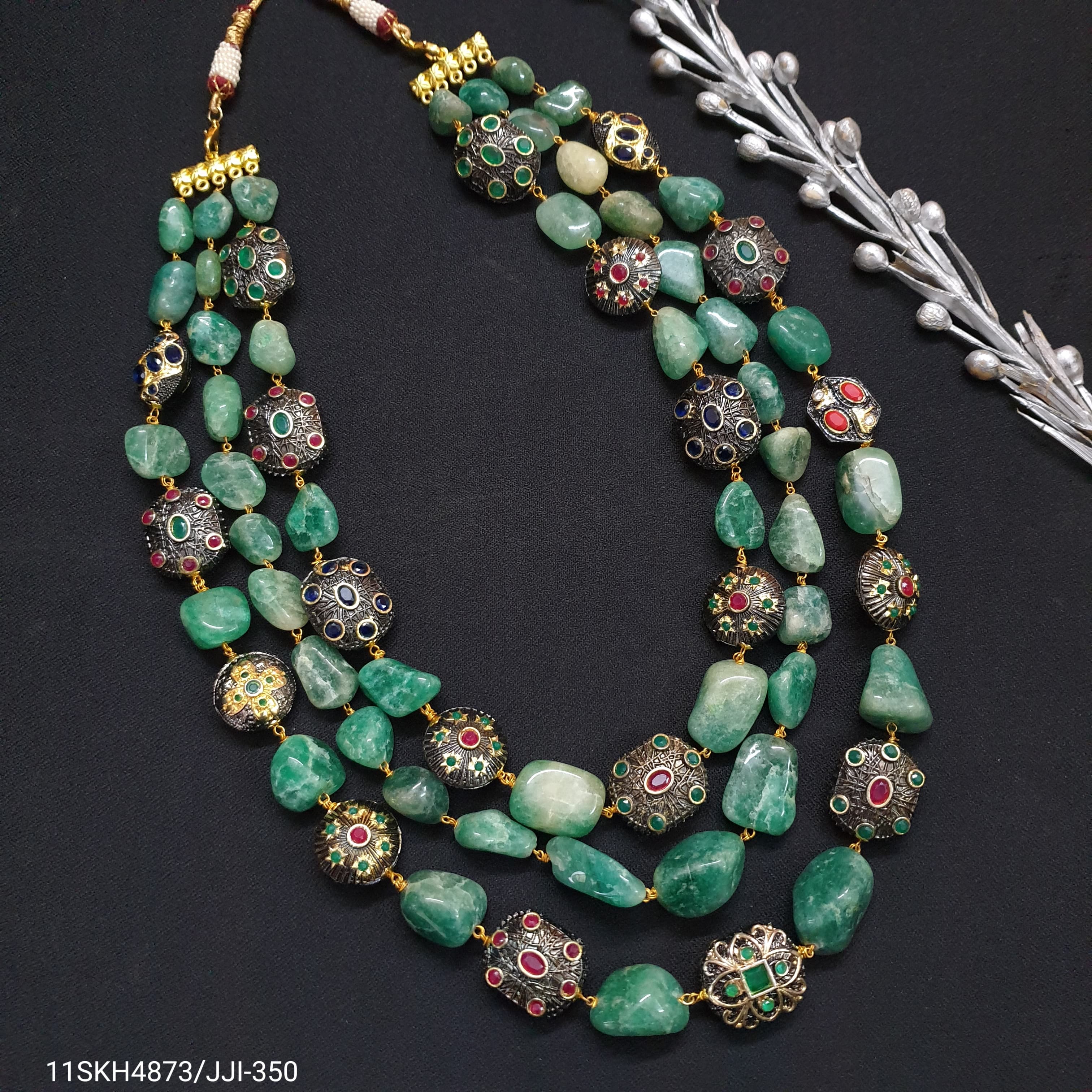 Emerald Semi Precious Stone Anitque Beaded Indian Groom Necklace For Wedding