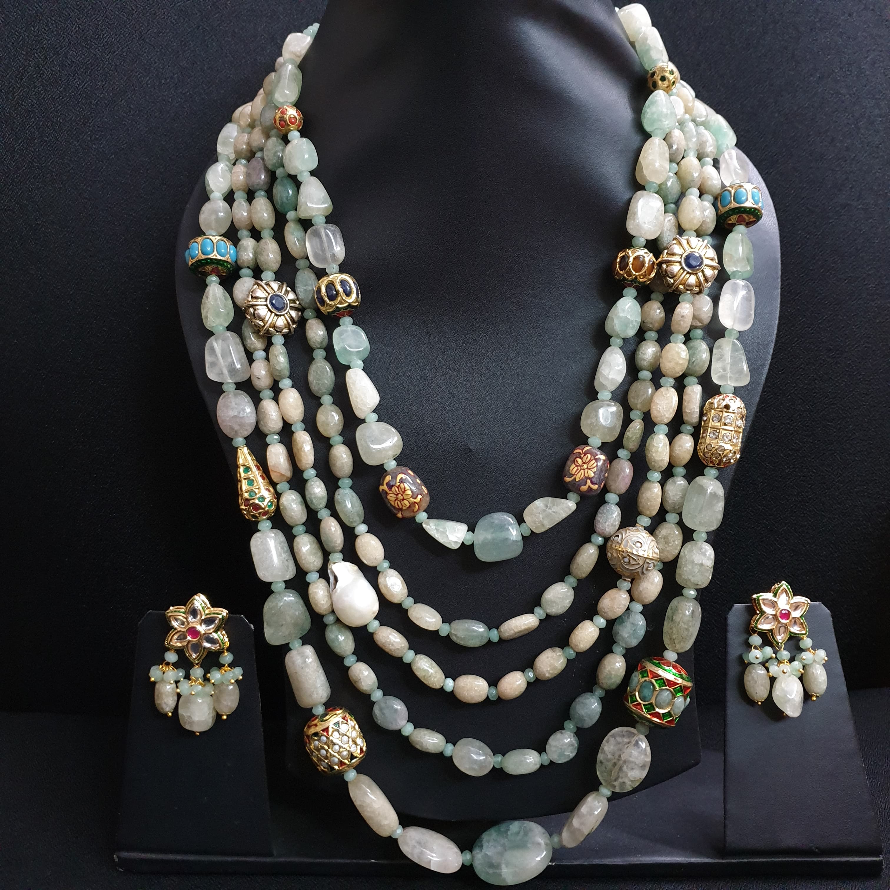 Green Long Necklace Set With Anitique Stone Beads