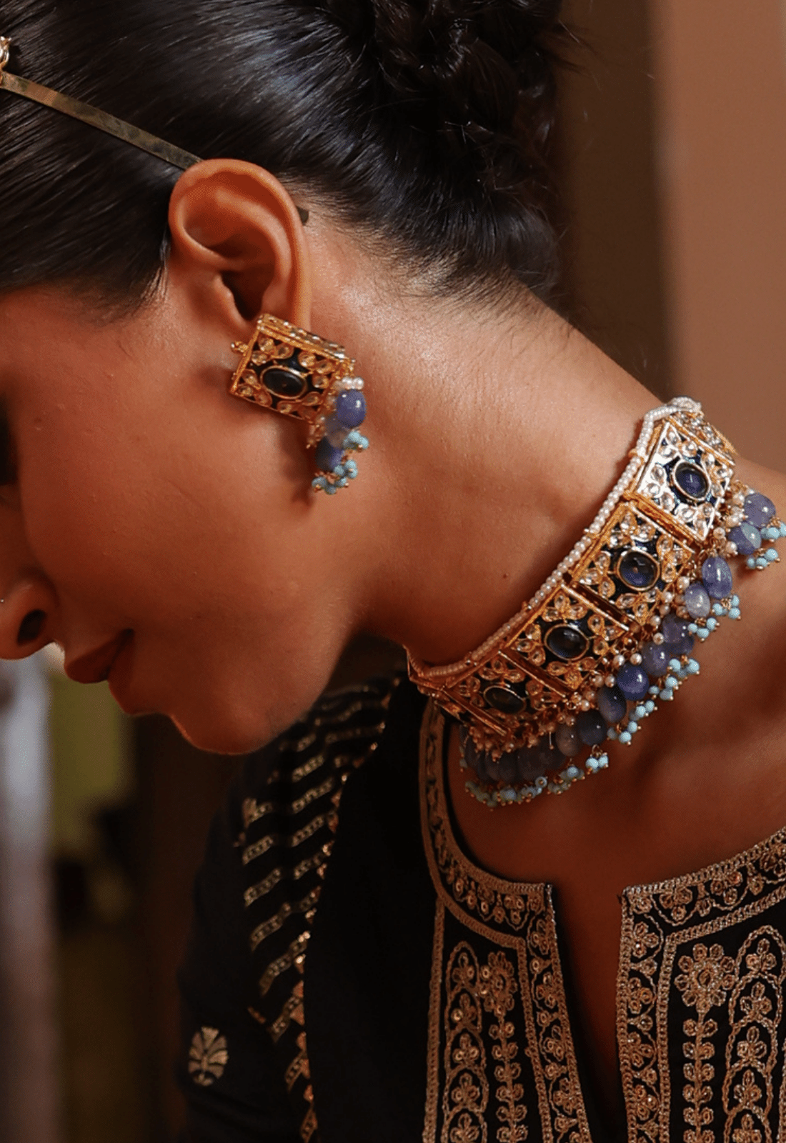 Blue kundan Meenakari Choker Set