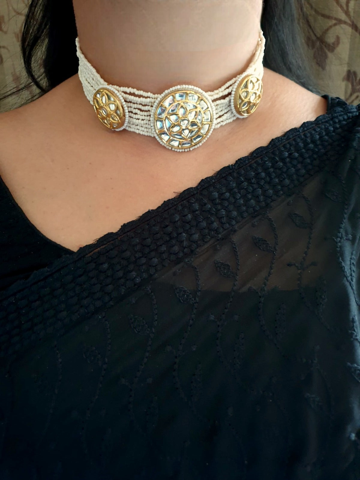Floral Kundan Jadau Pearl Choker Set With Earrings