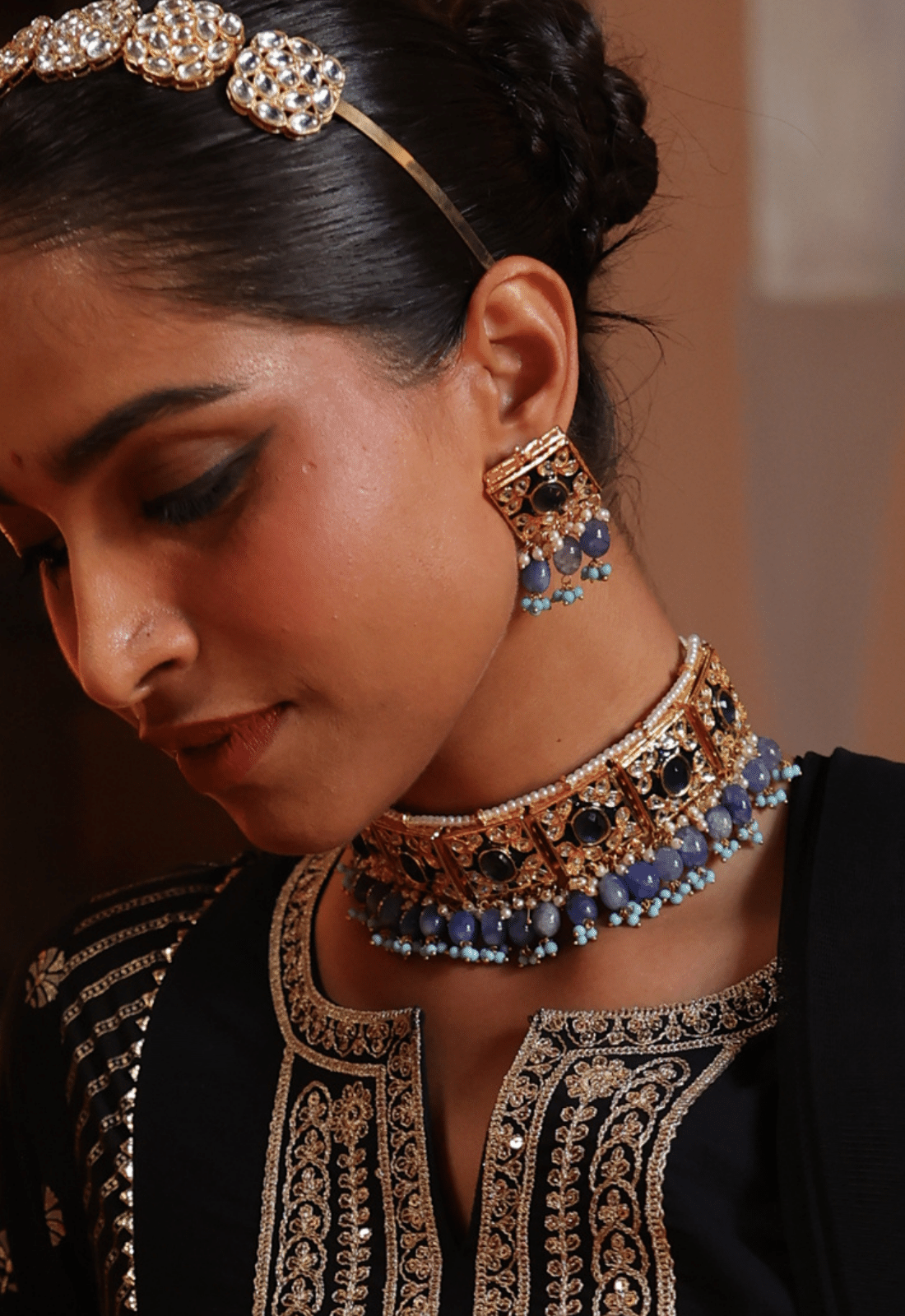 Blue kundan Meenakari Choker Set