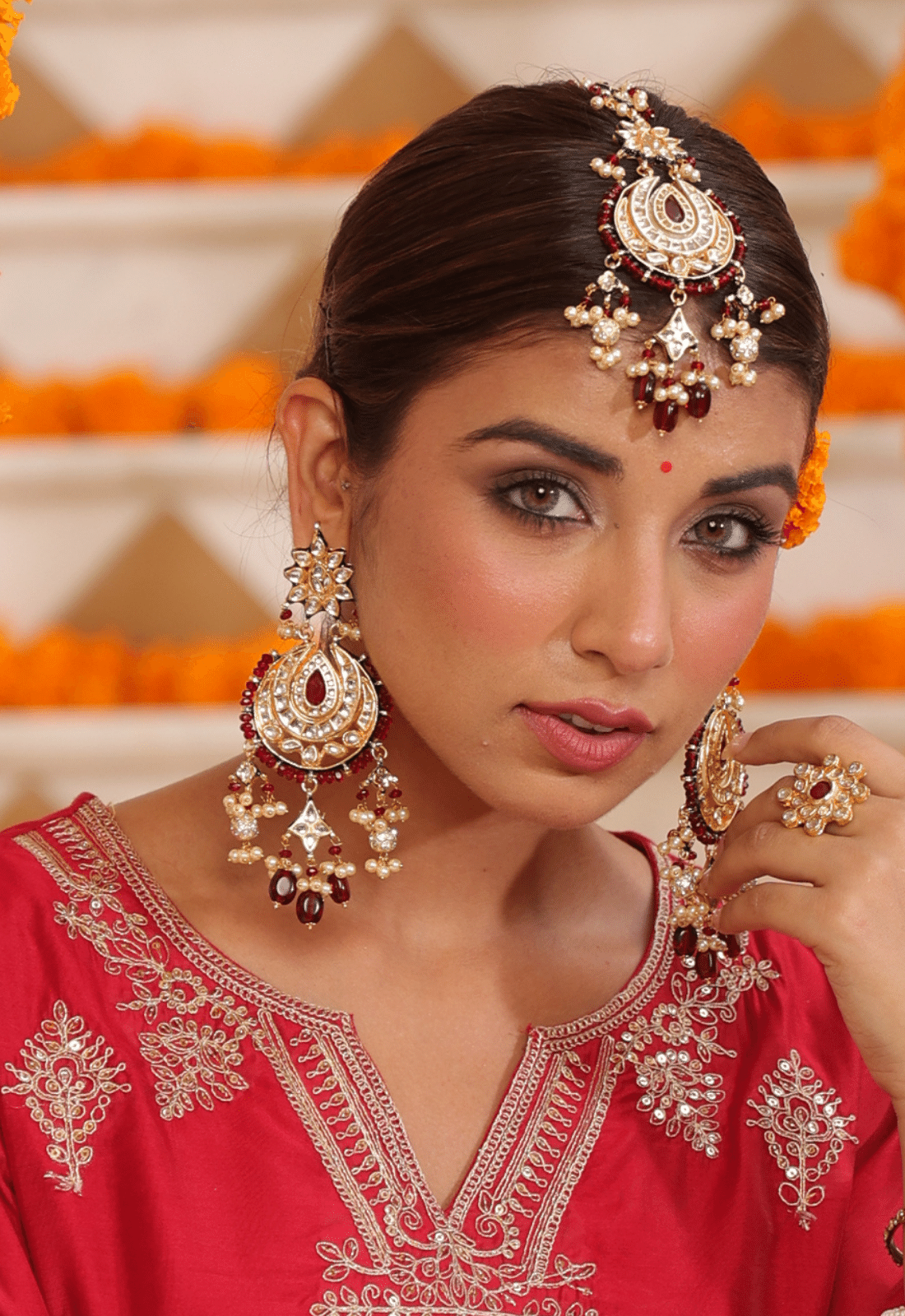 Red Kundan Chaandbali Earrings With Maangtikka