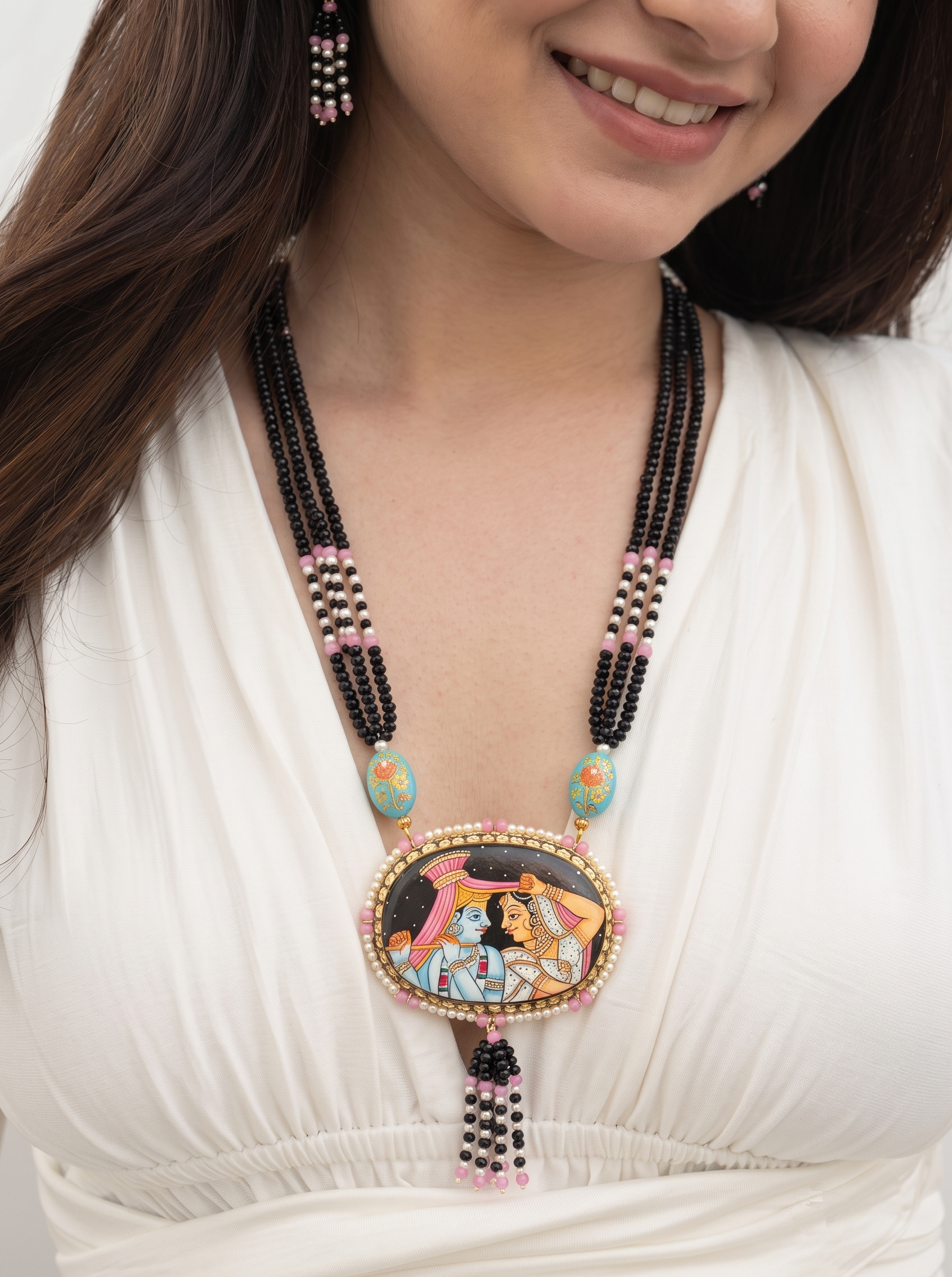 Amber Radha Krishna Pendant Necklace