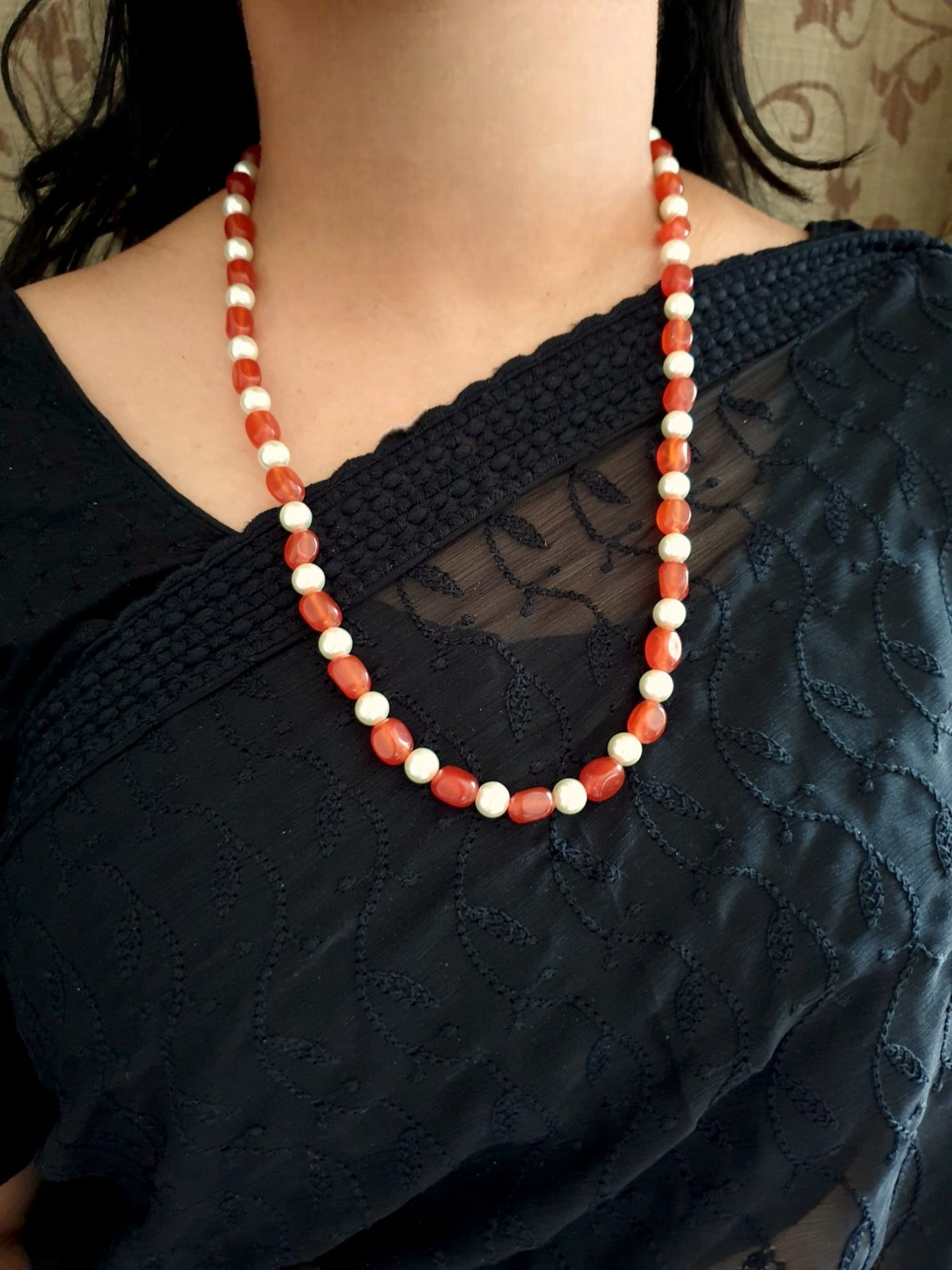 Orange Pearl Stone Long Mala