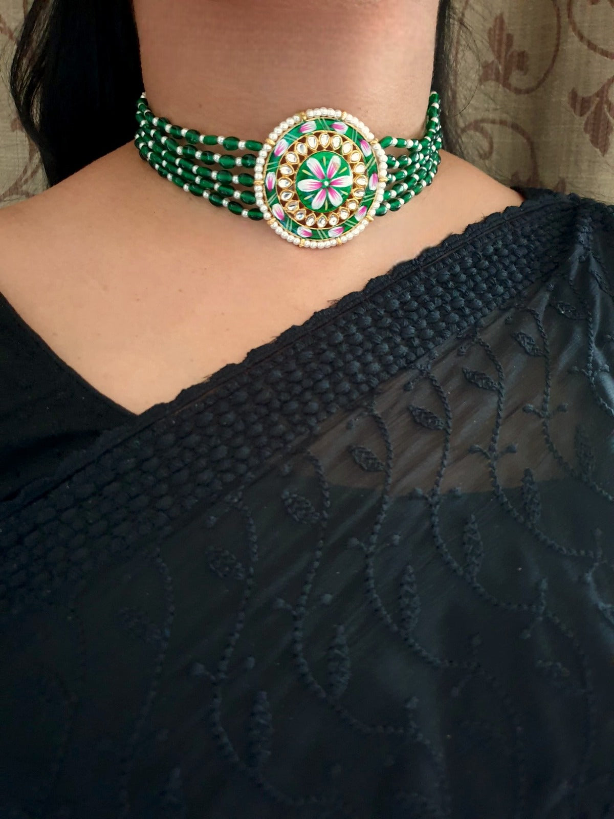 Green Kundan Meenakari Choker Set With Earrings