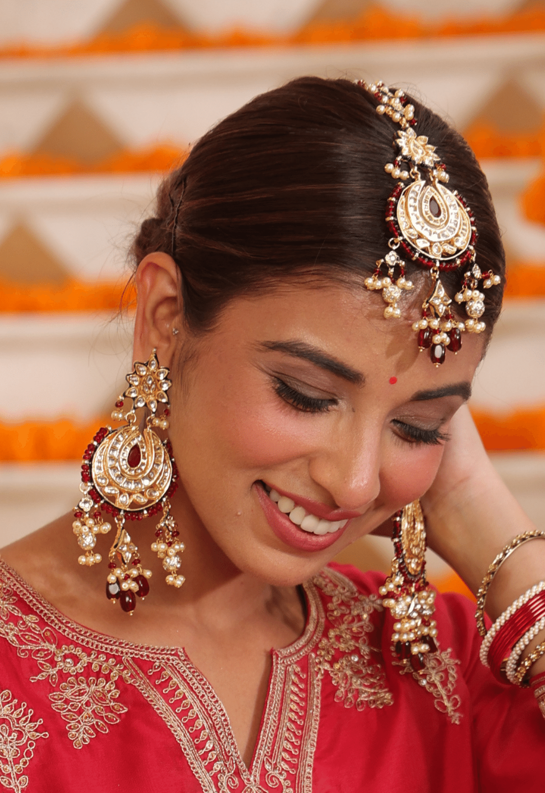 Red Kundan Chaandbali Earrings With Maangtikka