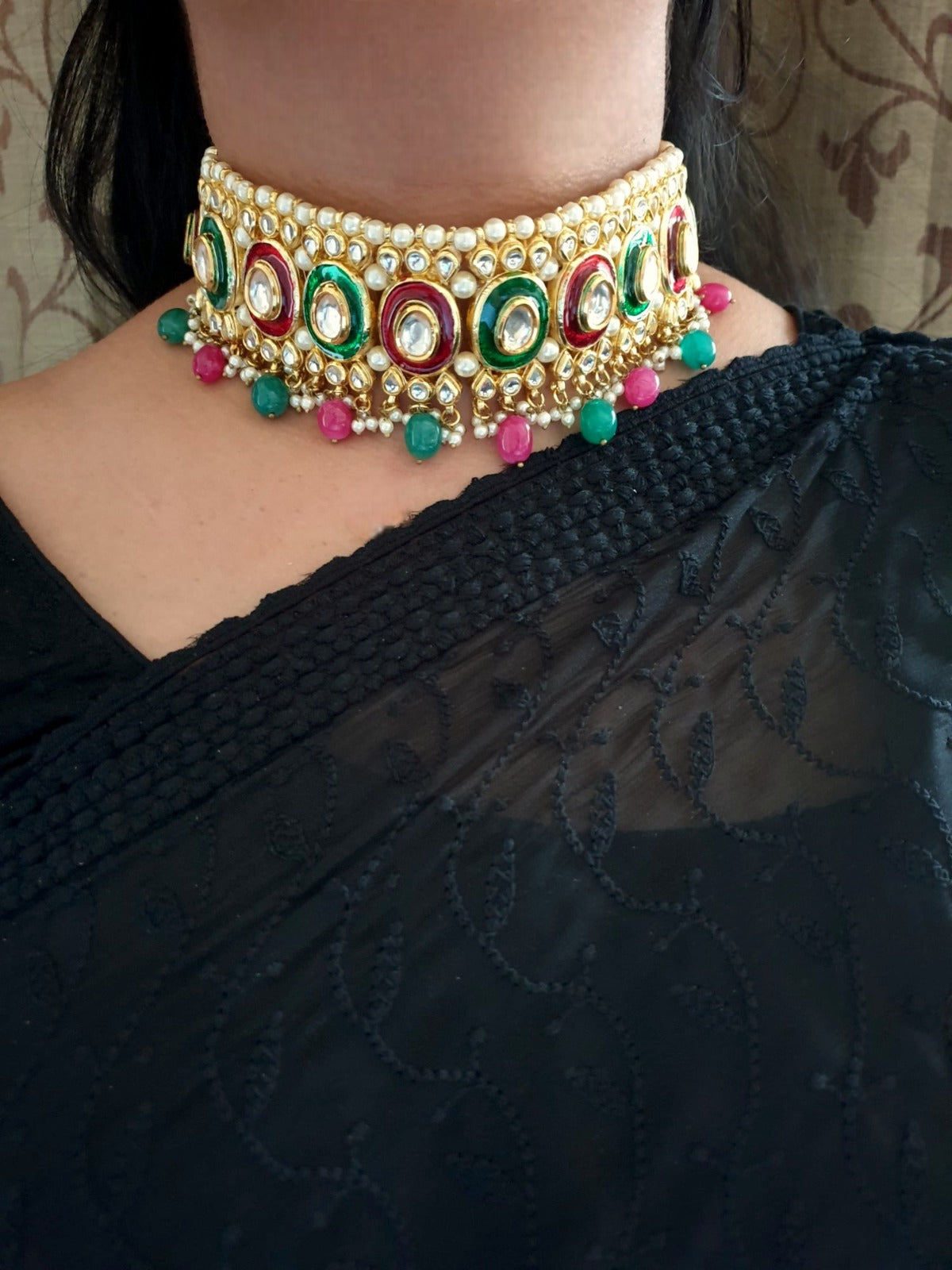 Red Green Kundan Meenakari Choker Necklace Set
