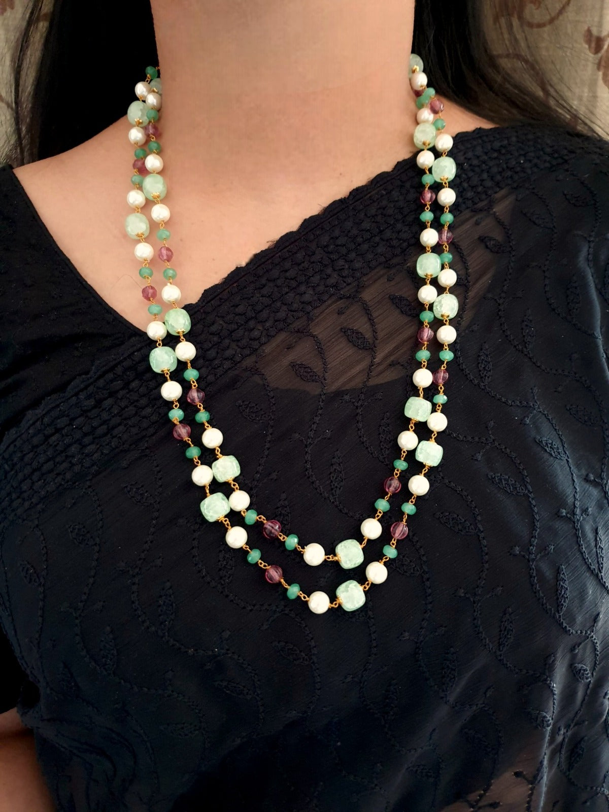Light Green Stone Double Layered Beads Pearl Long Mala