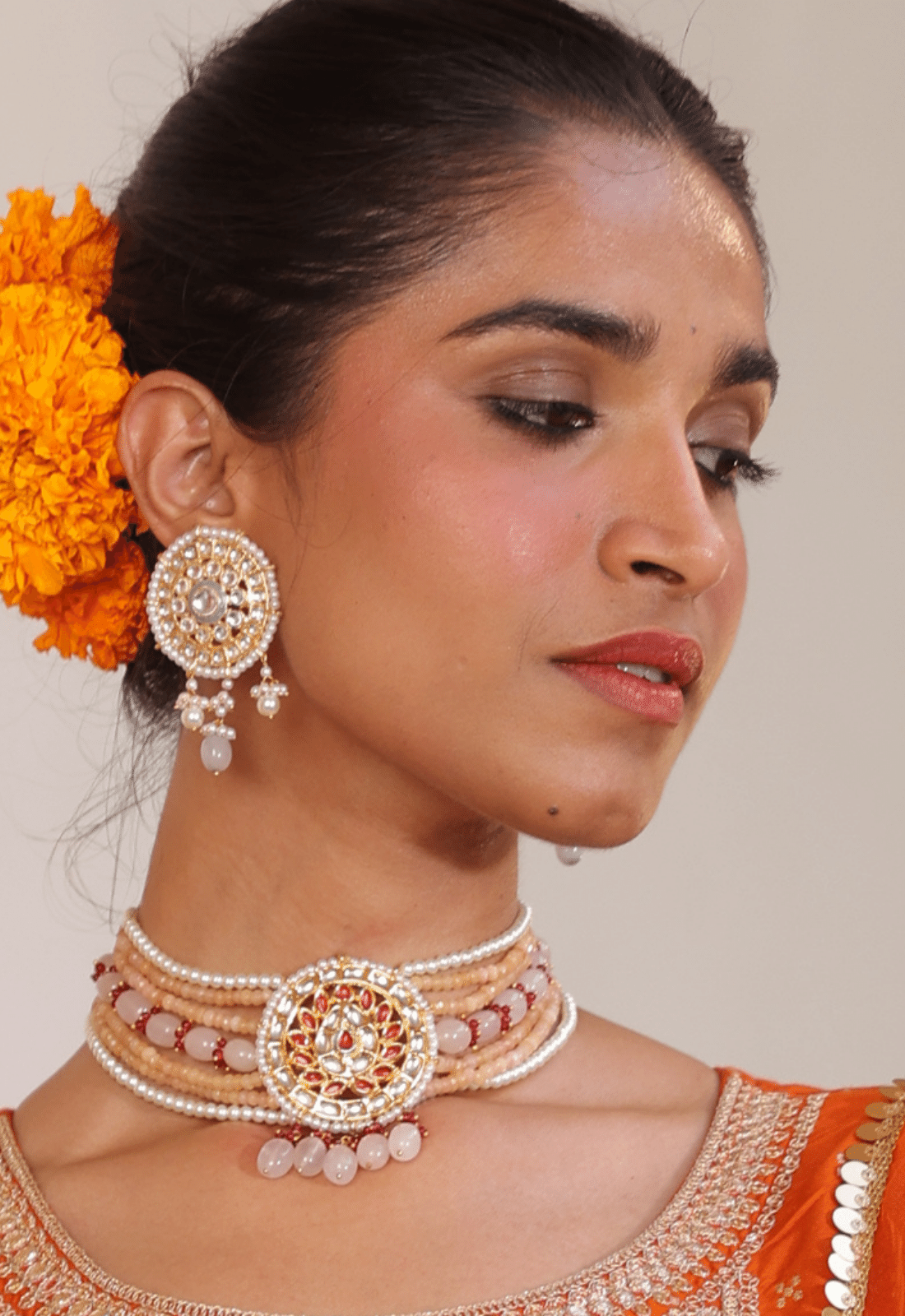 Peach Kundan Choker Necklace Set