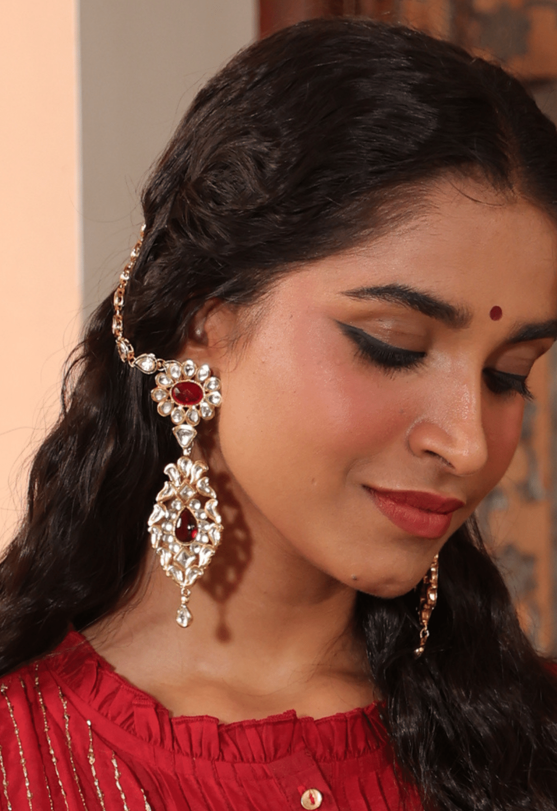 Gold Plated Red Stone Kundan Earrings With Earchain